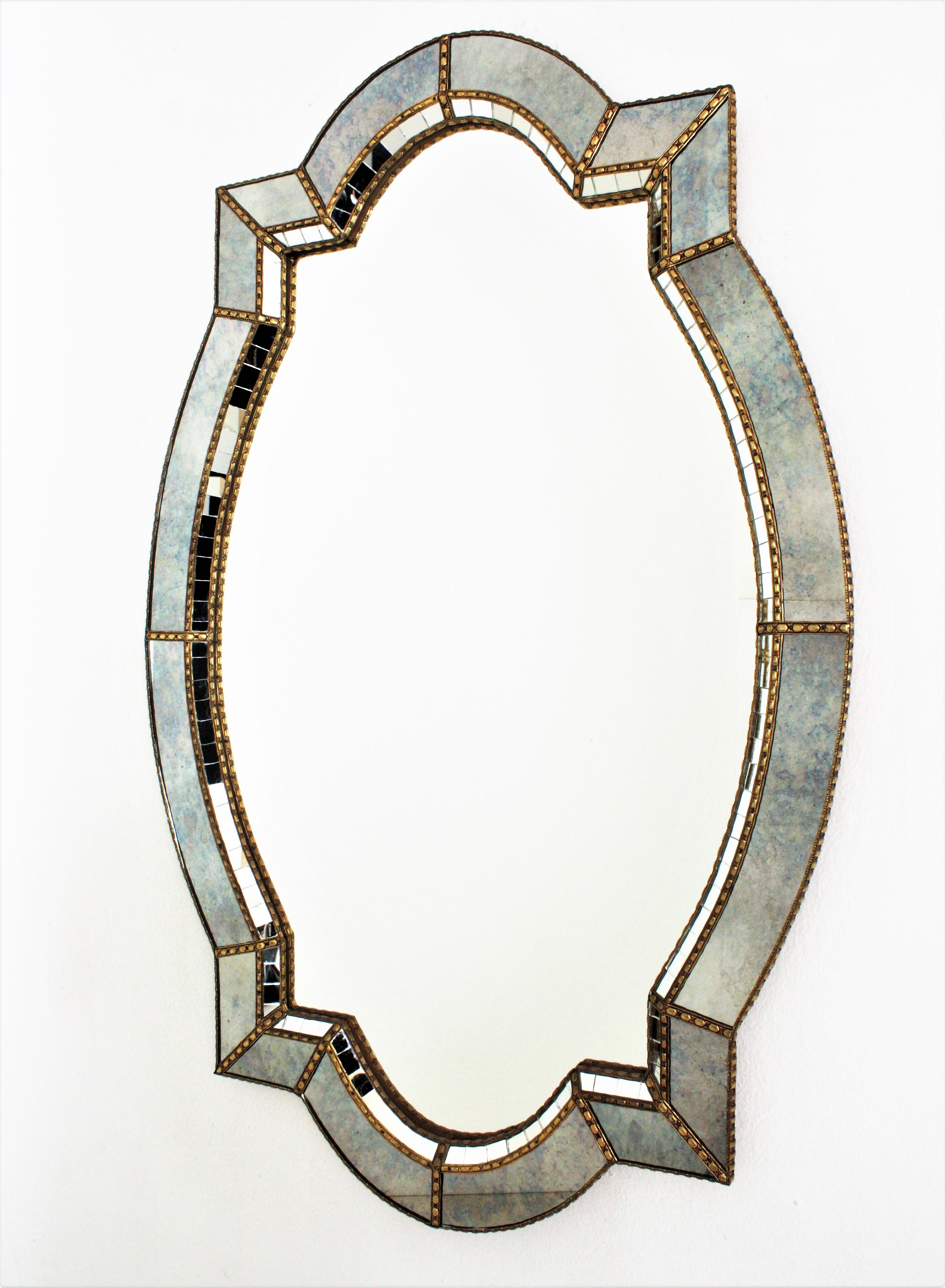 Venetian Style Large Mirror with Blue Glass and Brass Frame, 1960s For Sale 1
