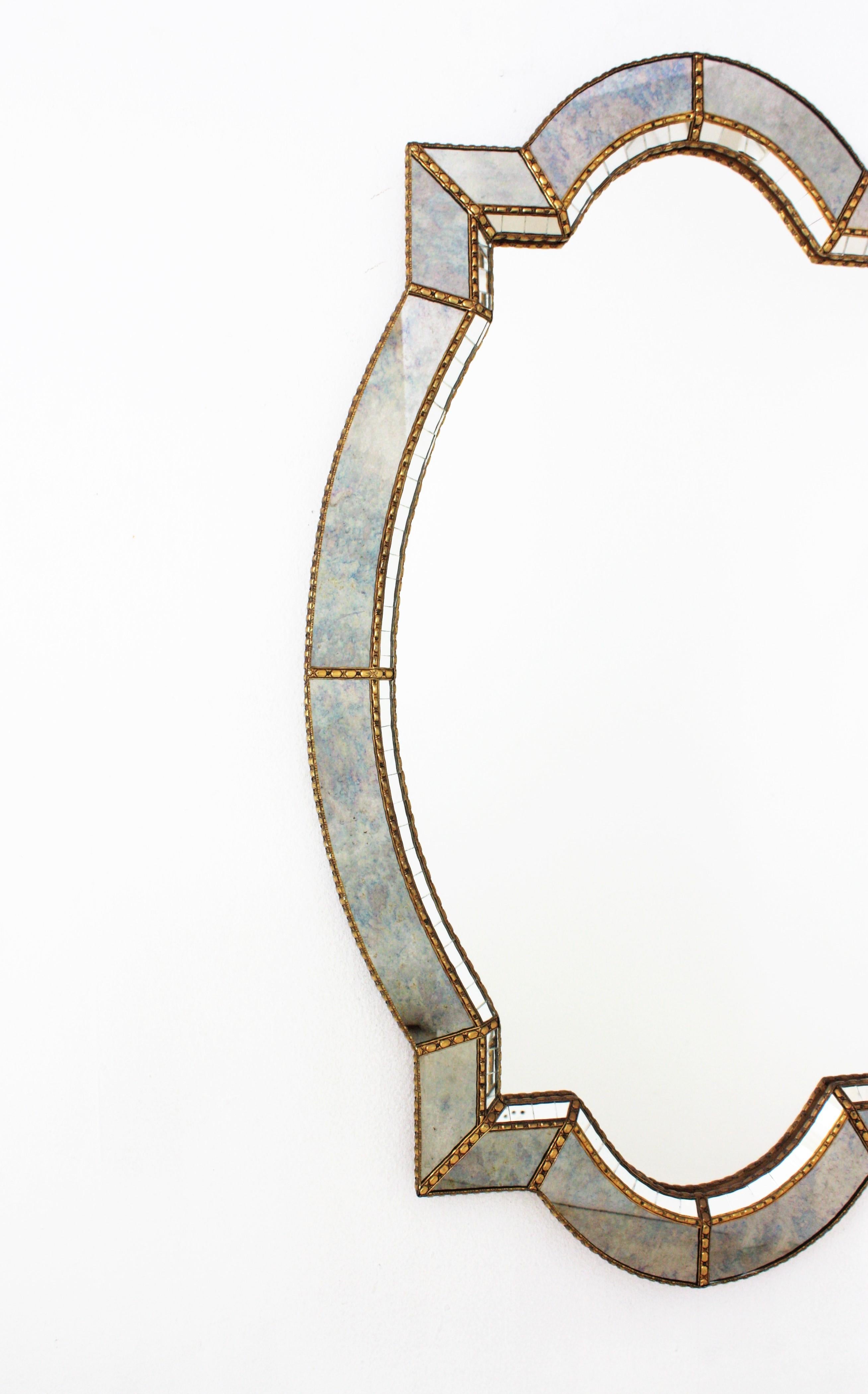 Venetian Style Large Mirror with Blue Glass and Brass Frame, 1960s In Good Condition For Sale In Barcelona, ES