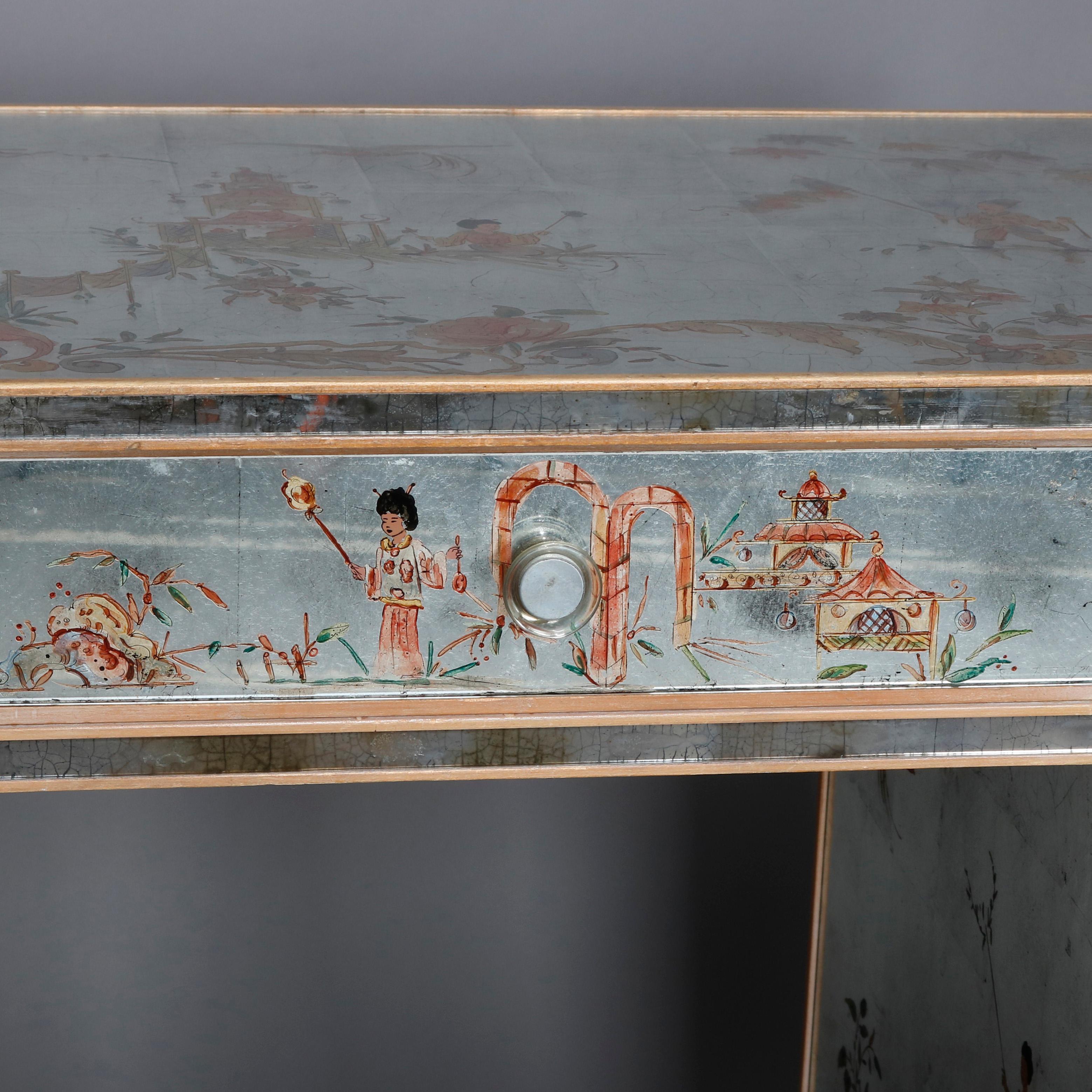 Venetian Style Mirrored Chinoiserie Decorated Ladies Desk, Signed, 20th Century 9