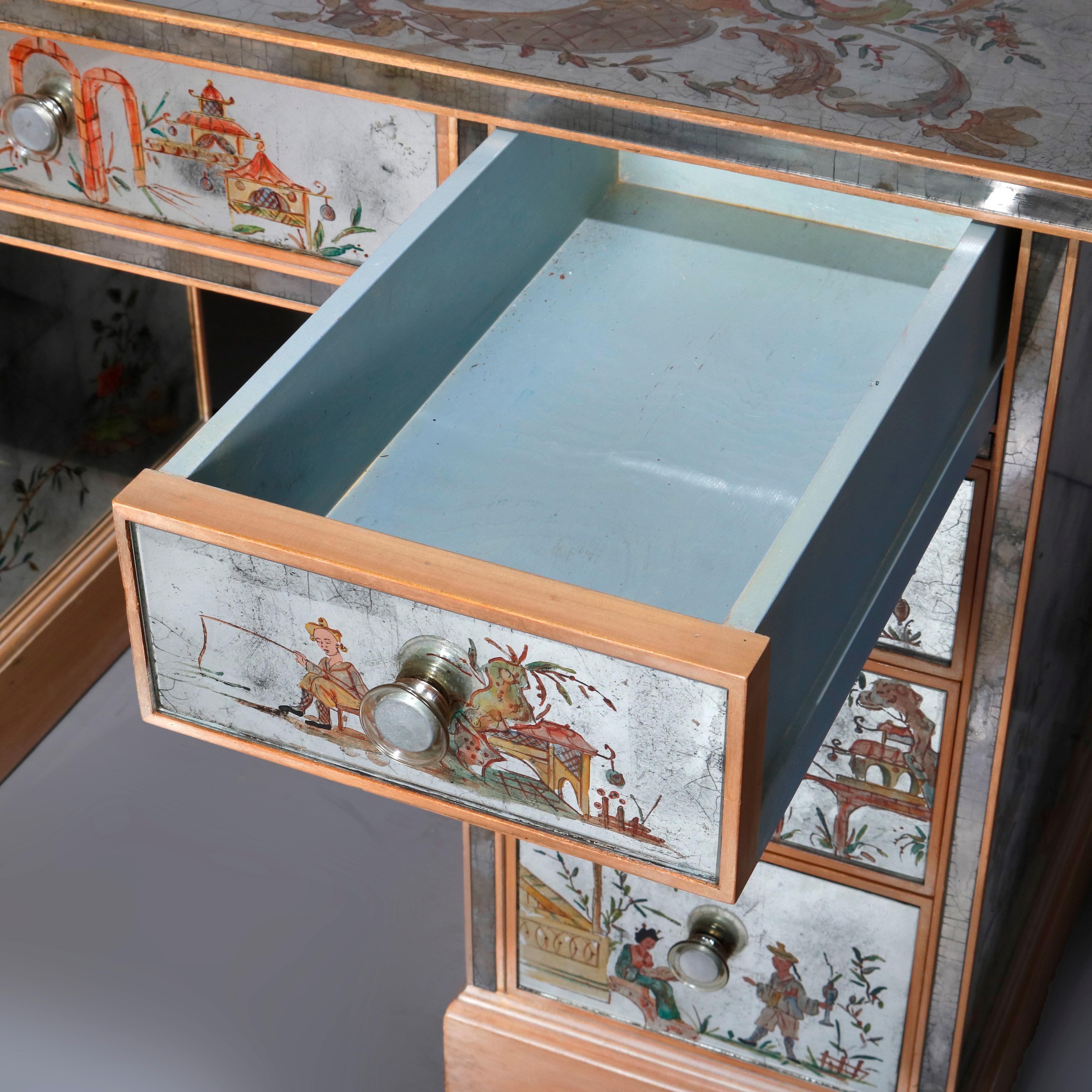 Venetian Style Mirrored Chinoiserie Decorated Ladies Desk, Signed, 20th Century 11