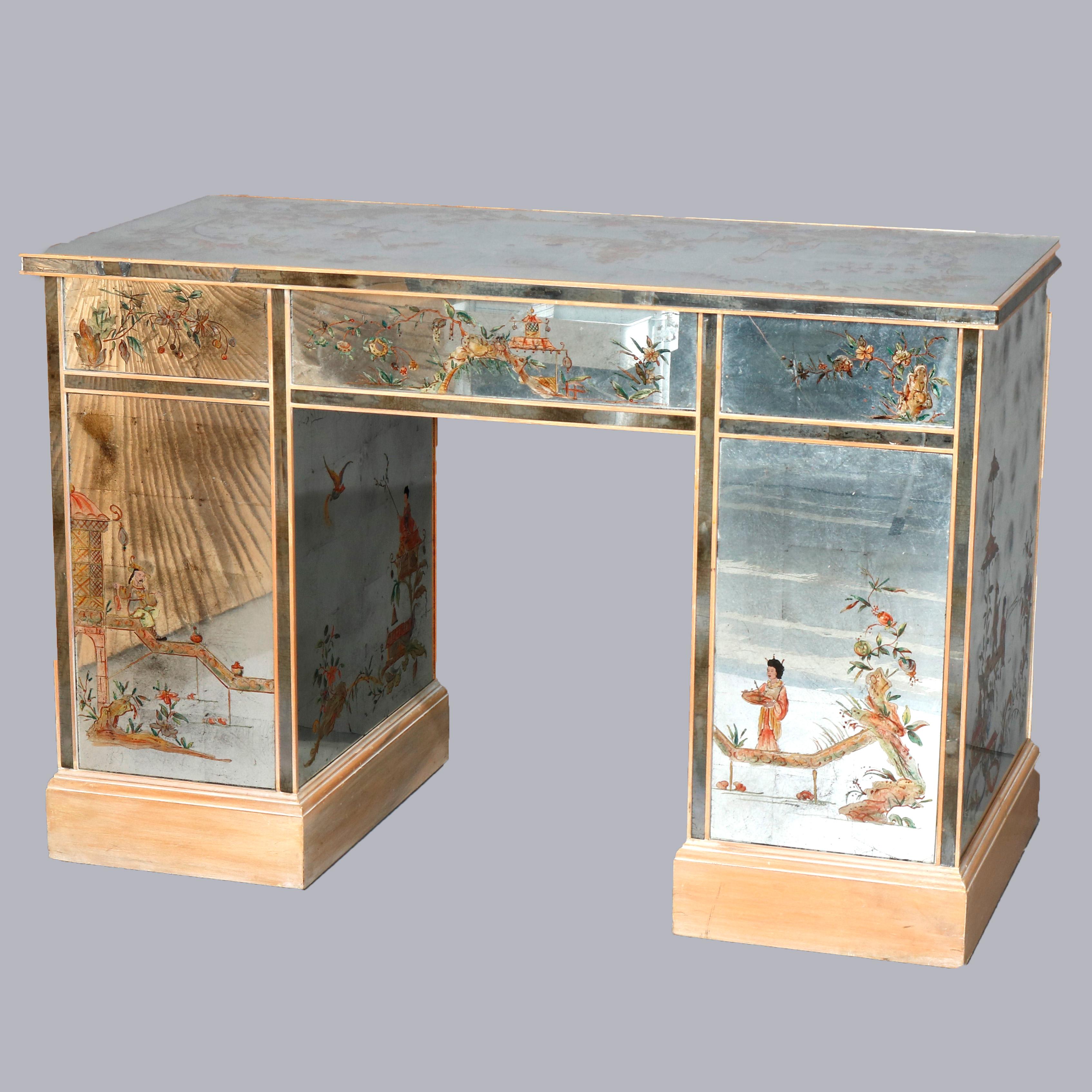A vintage Venetian style ladies desk offers mirrored wood construction with hand painted chinoiserie decoration depicting Asian landscape and genre scenes with scroll and foliate elements, signature stamp appears to be 