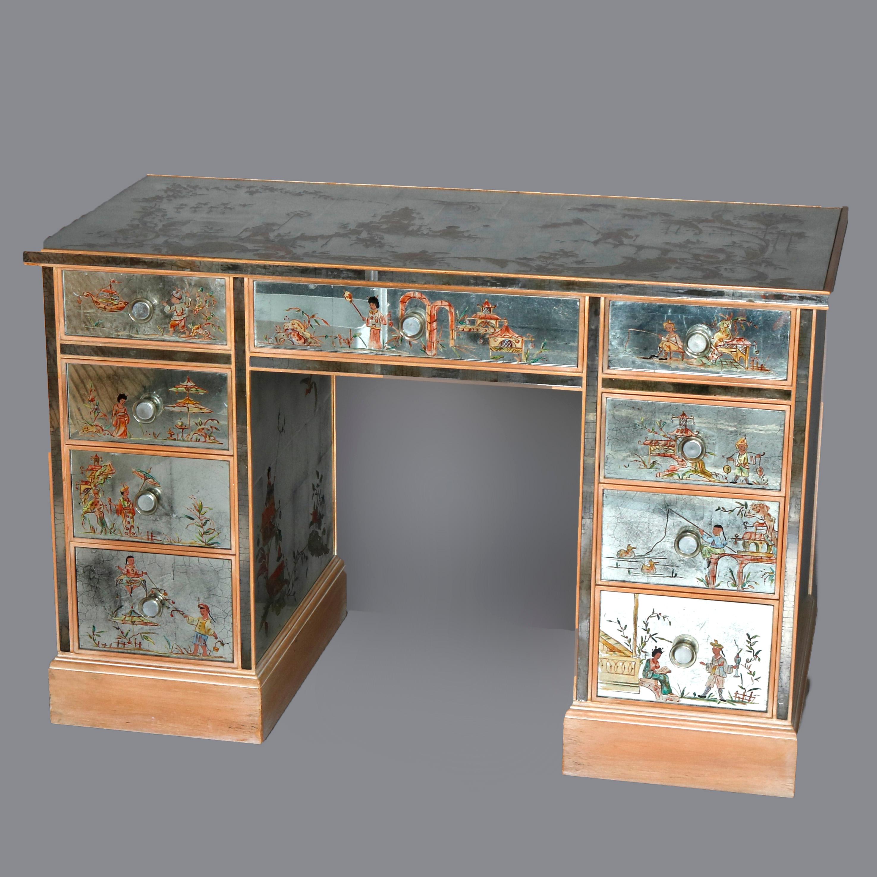 Venetian Style Mirrored Chinoiserie Decorated Ladies Desk, Signed, 20th Century 14