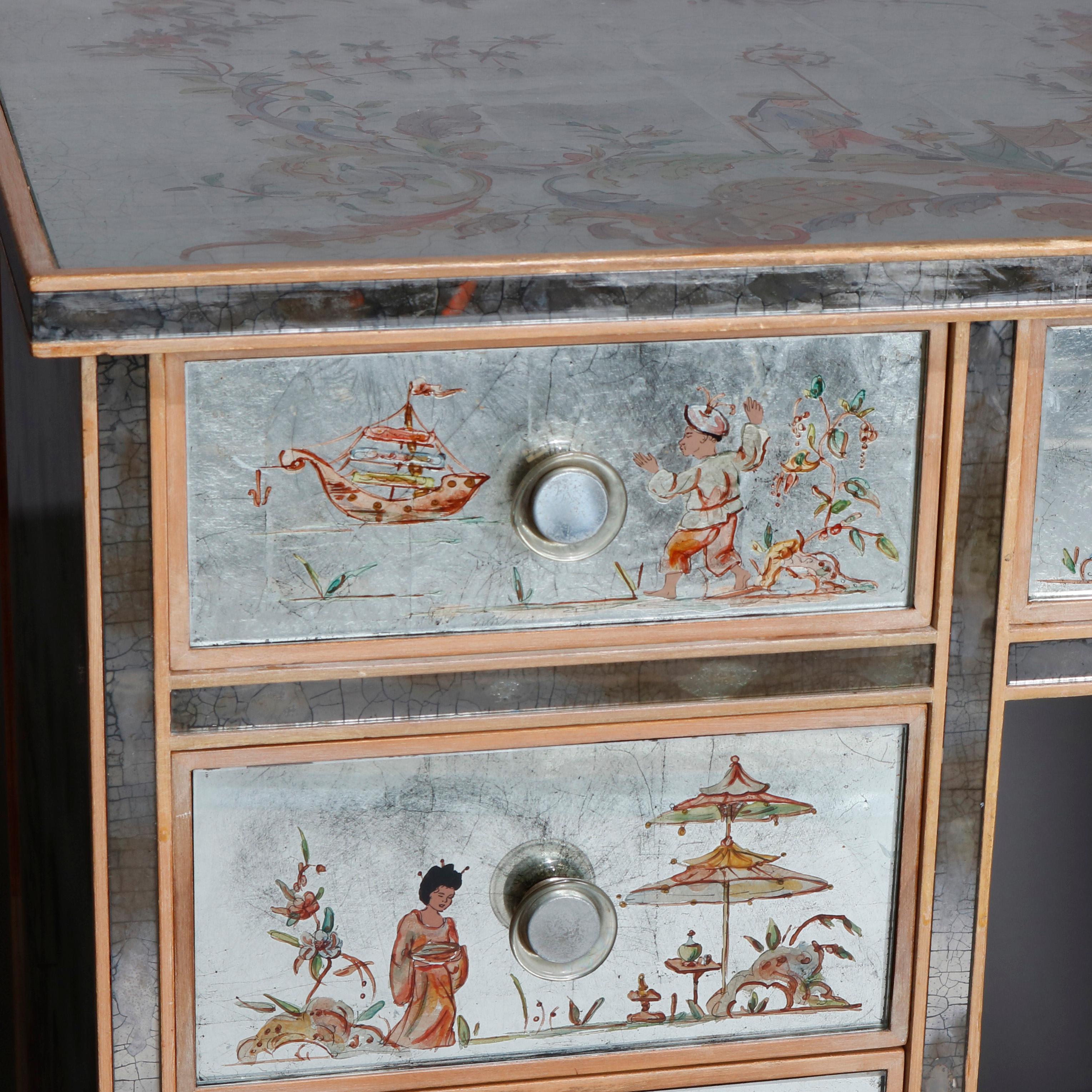 European Venetian Style Mirrored Chinoiserie Decorated Ladies Desk, Signed, 20th Century