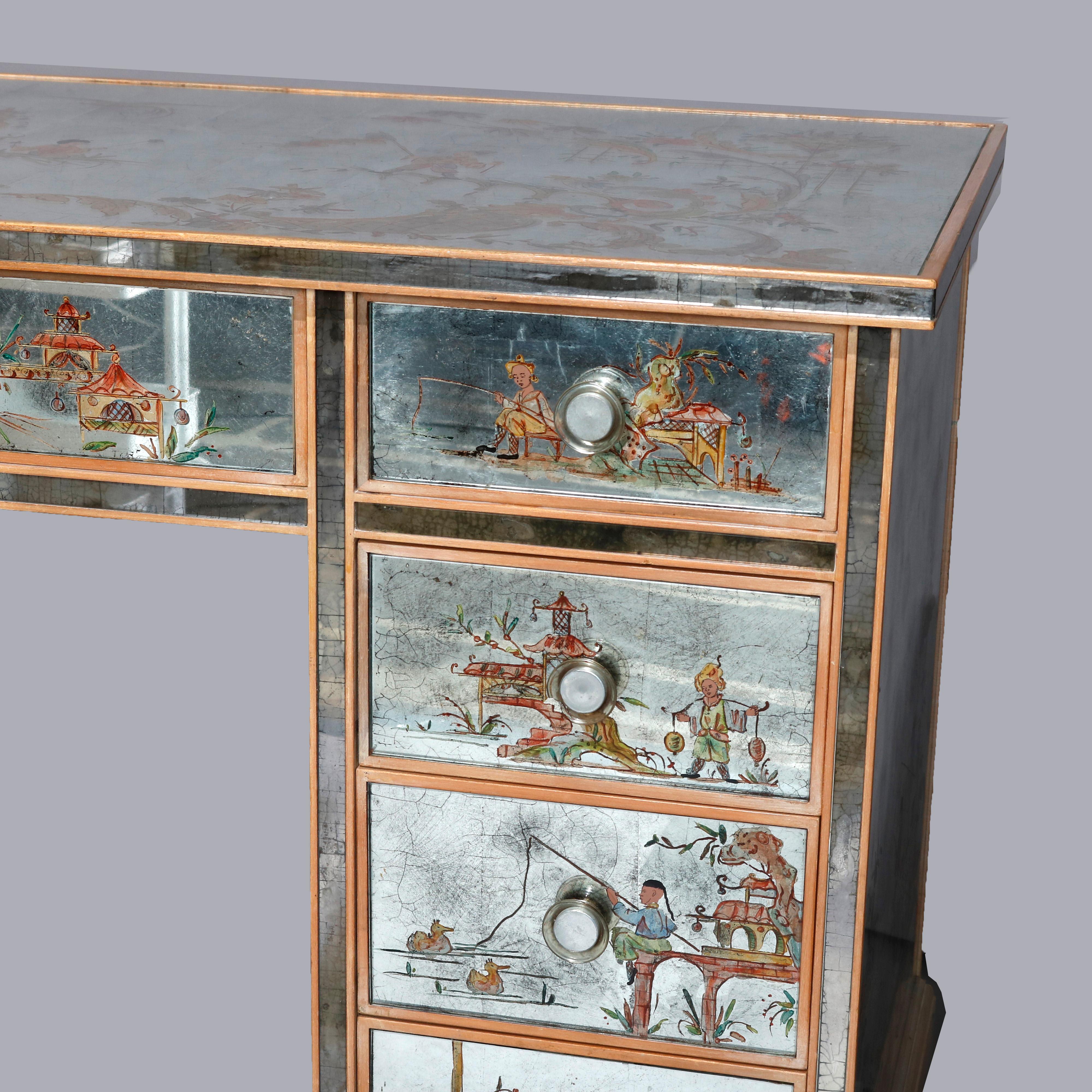 Hand-Painted Venetian Style Mirrored Chinoiserie Decorated Ladies Desk, Signed, 20th Century