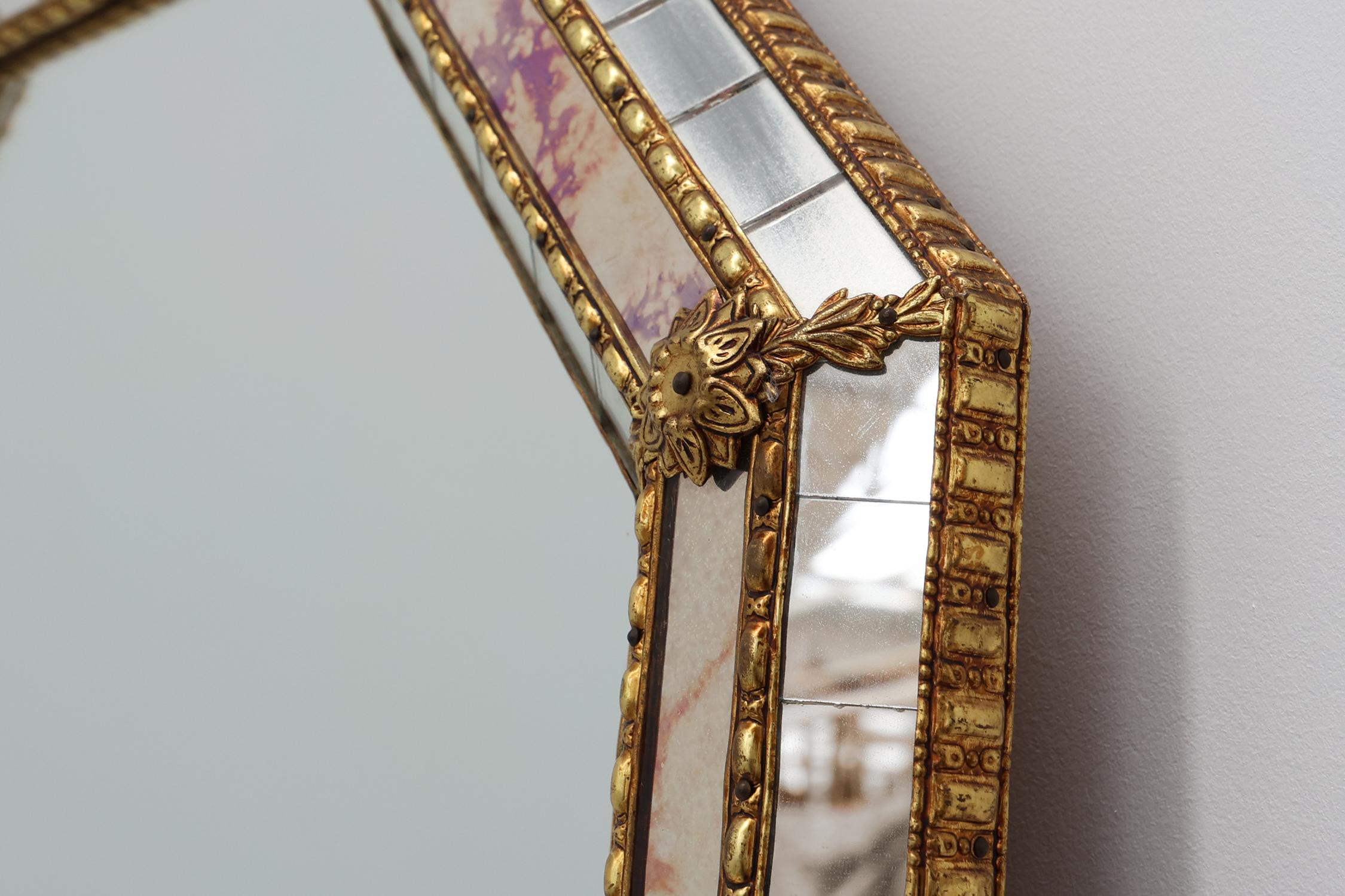 Métal Miroir octogonal de style vénitien marqué MGB, Planilux, Cristanola, Espagne en vente