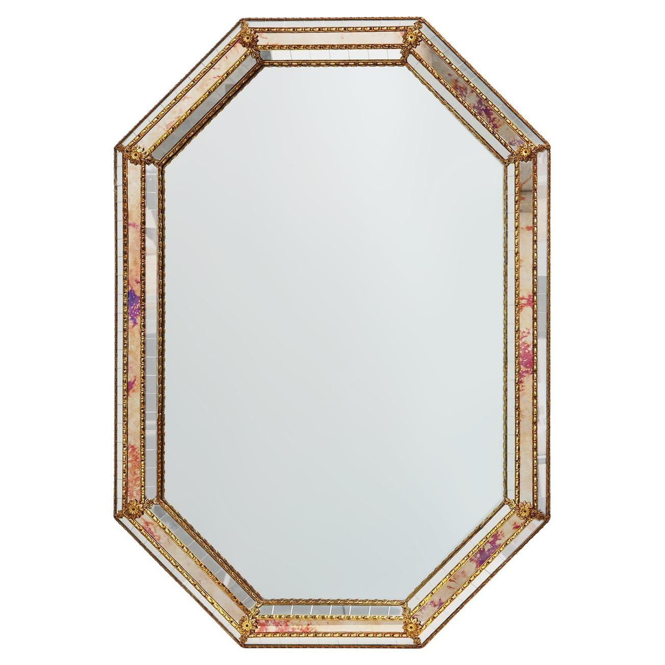 Miroir octogonal de style vénitien marqué MGB, Planilux, Cristanola, Espagne en vente