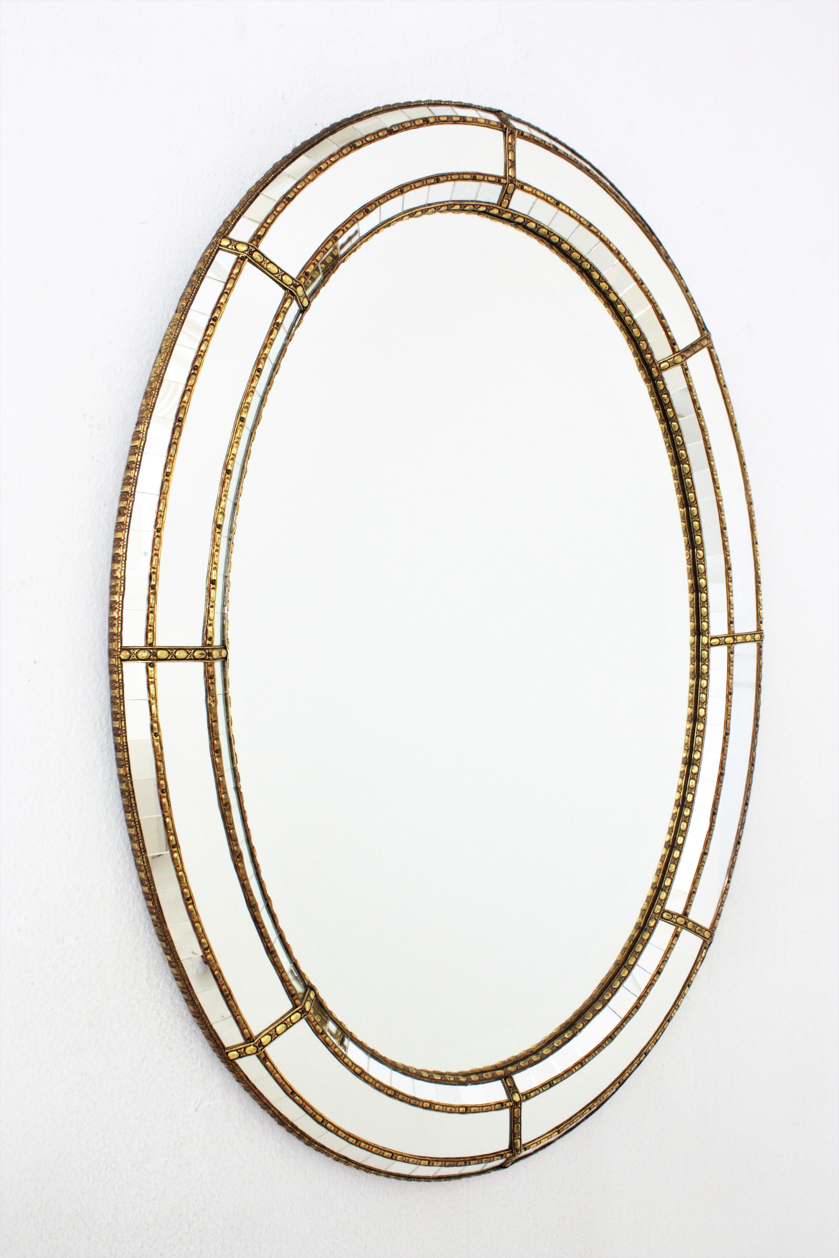 Hollywood Regency Venetian Style Oval Wall Mirror with Brass Details