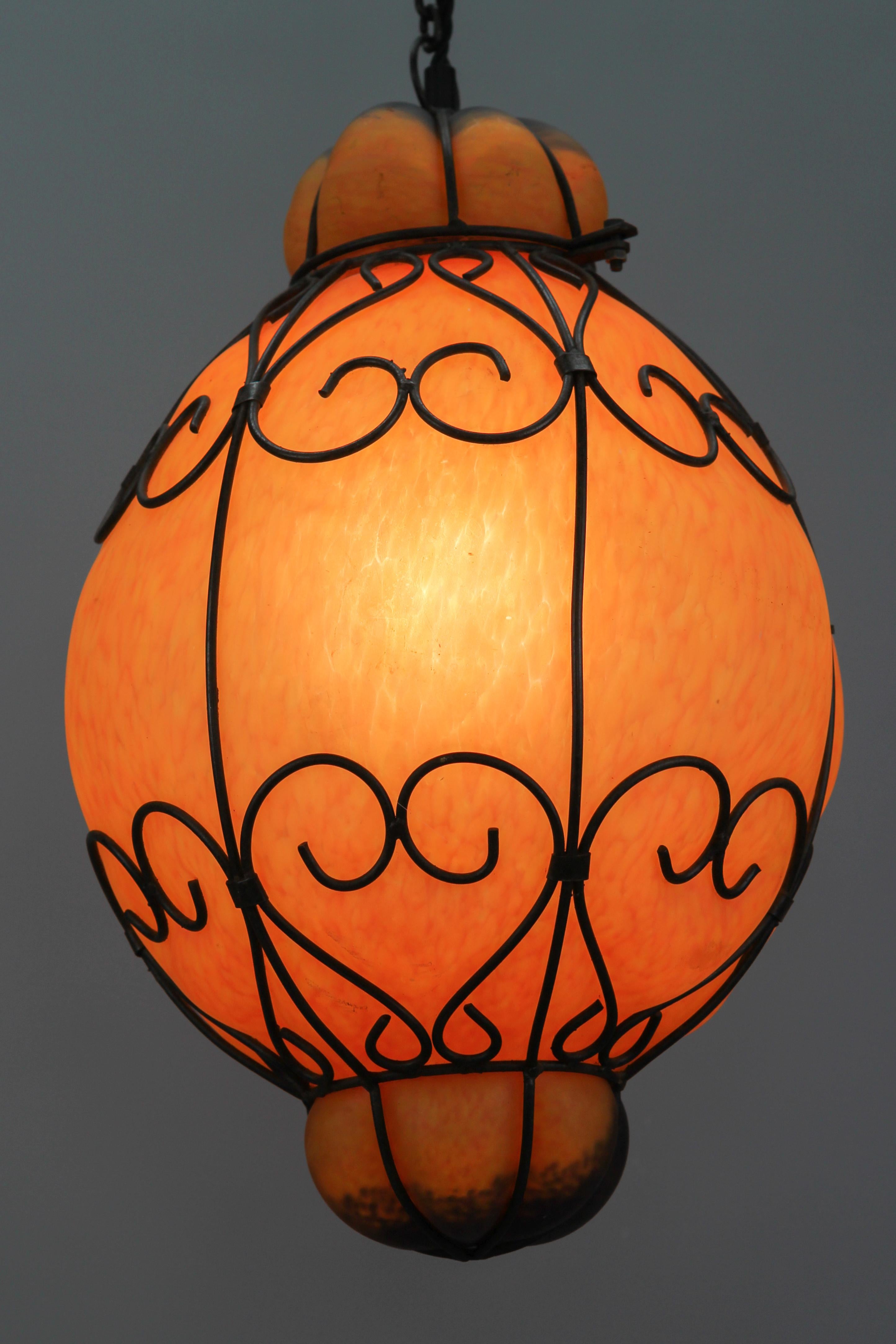 Venetian Style Pâte de Verre Glass Metal Caged Lantern Pendant Light For Sale 3