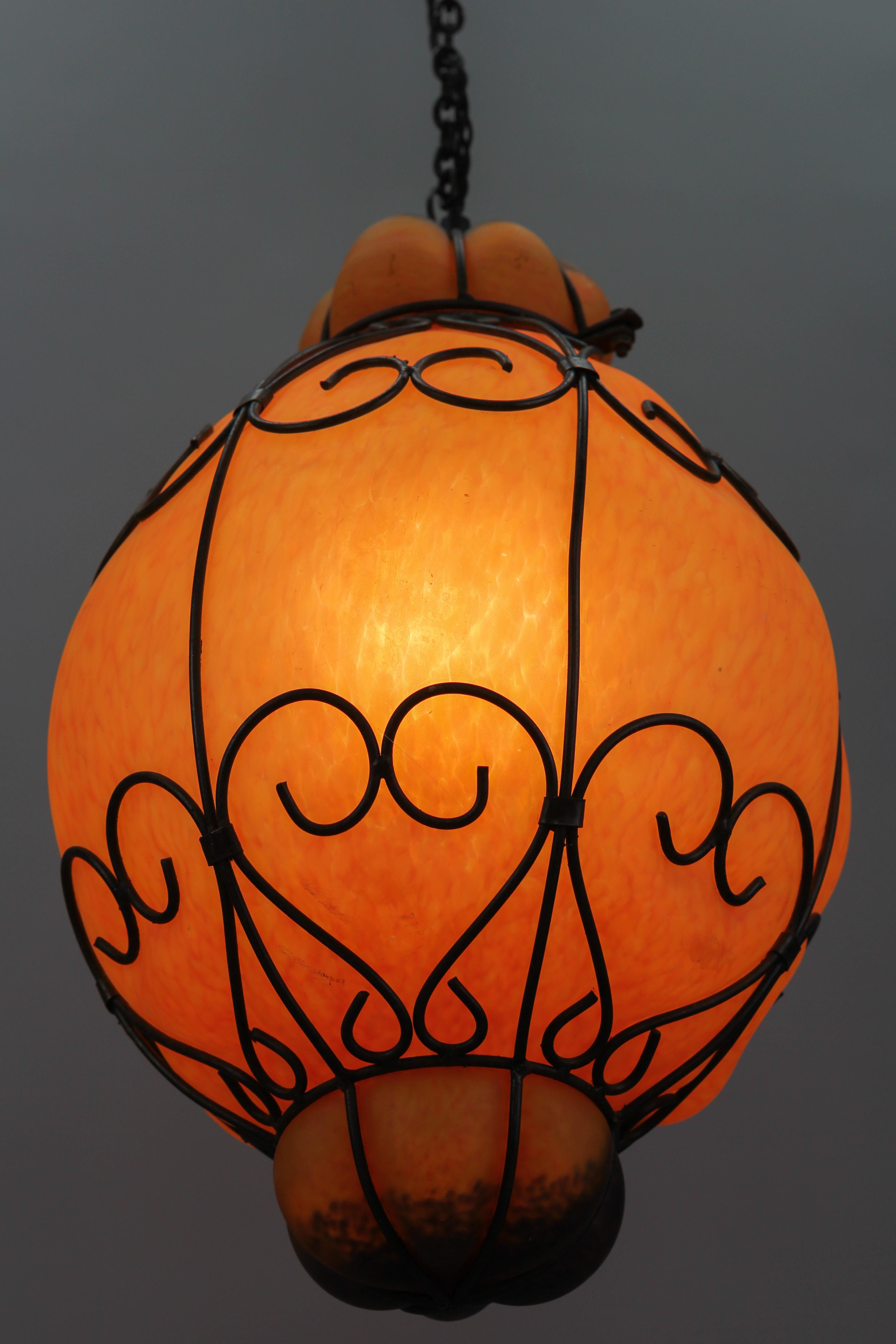 Venetian Style Pâte de Verre Glass Metal Caged Lantern Pendant Light For Sale 4