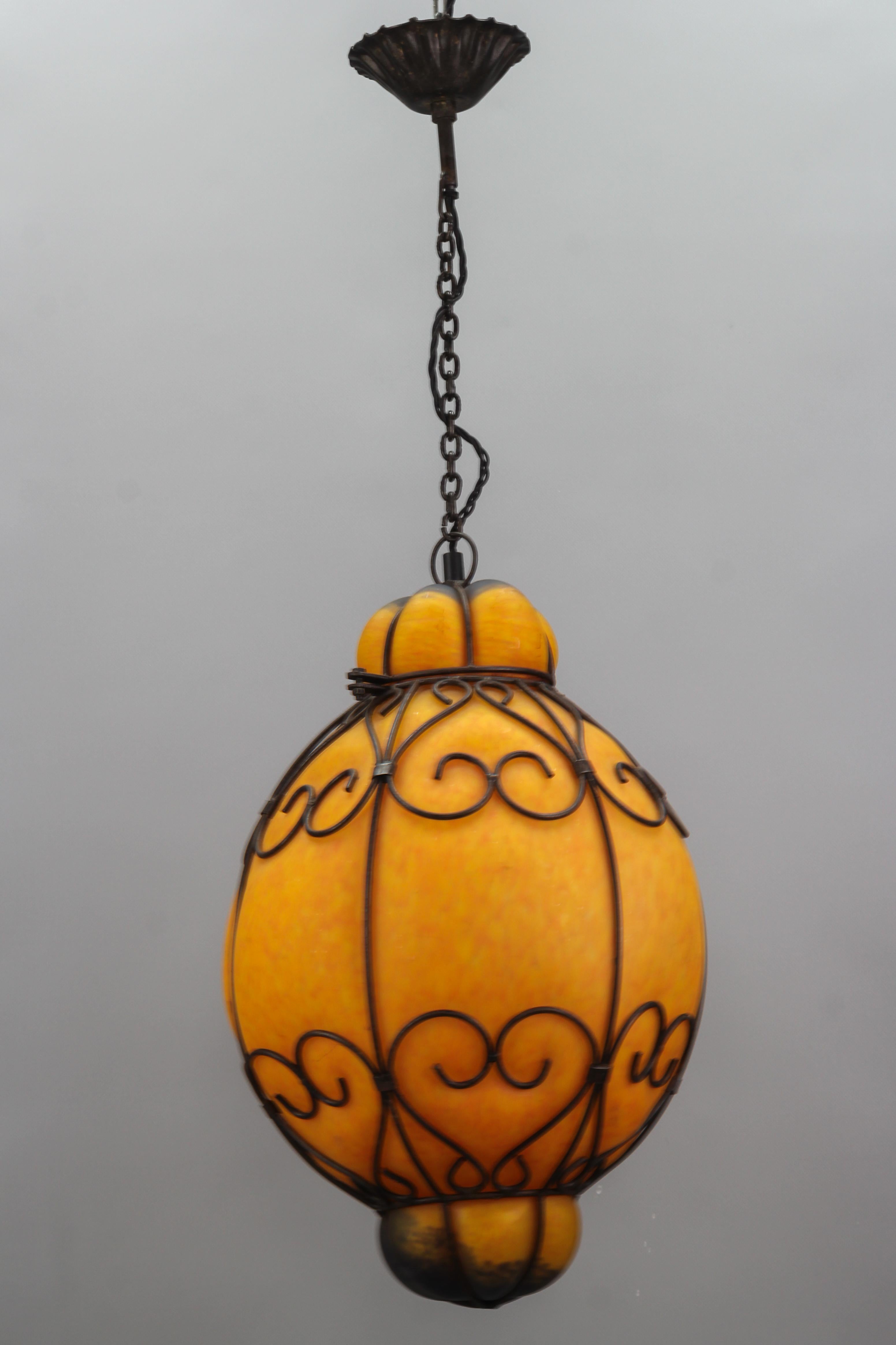 Venetian Style Pâte de Verre Glass Metal Caged Lantern Pendant Light For Sale 7