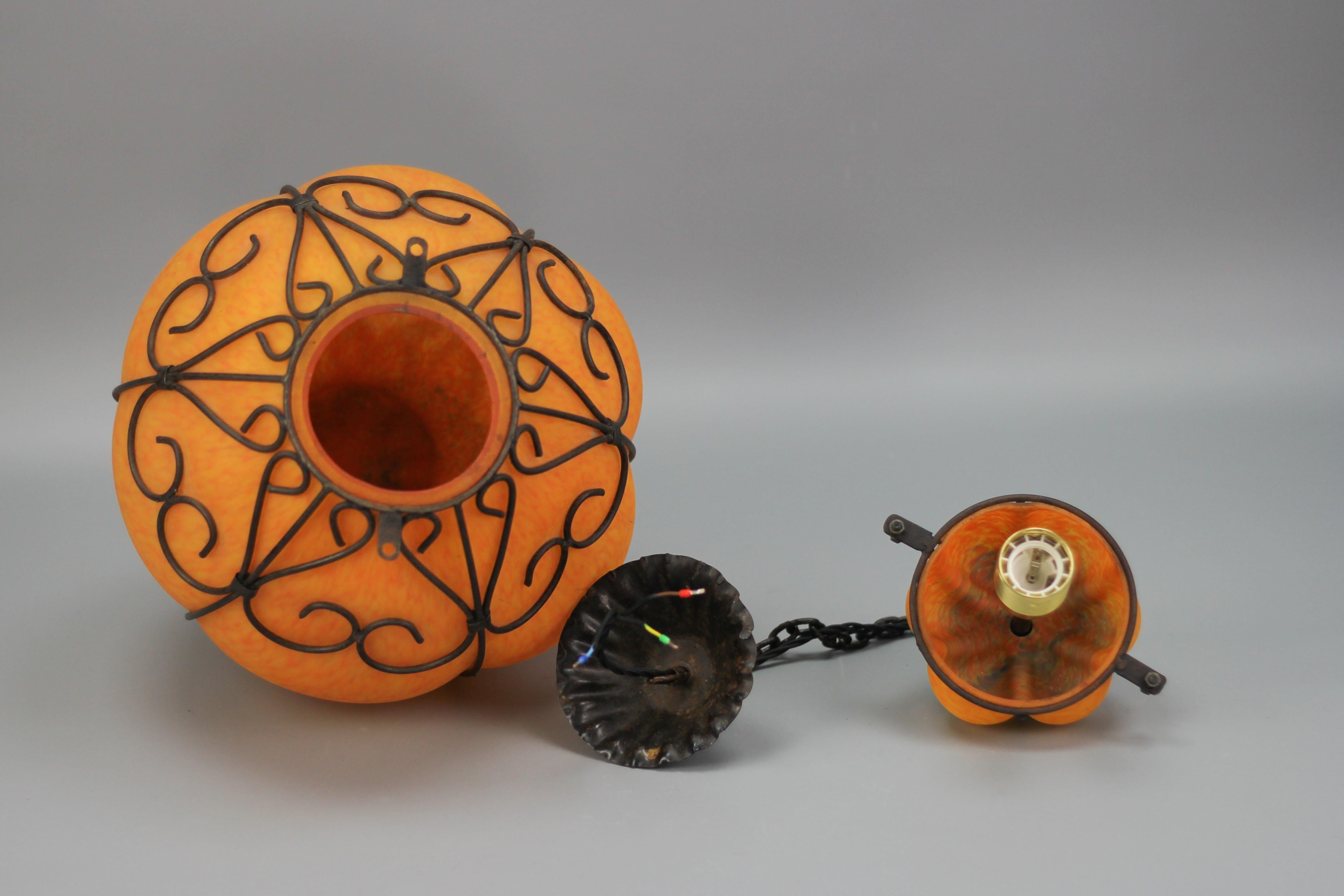 Venetian Style Pâte de Verre Glass Metal Caged Lantern Pendant Light For Sale 9