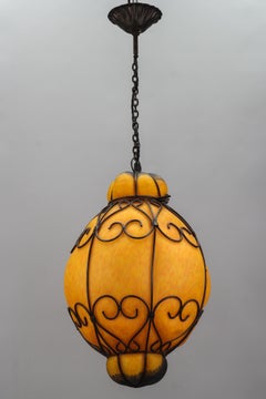 Venetian Style Pâte de Verre Glass Metal Caged Lantern Pendant Light