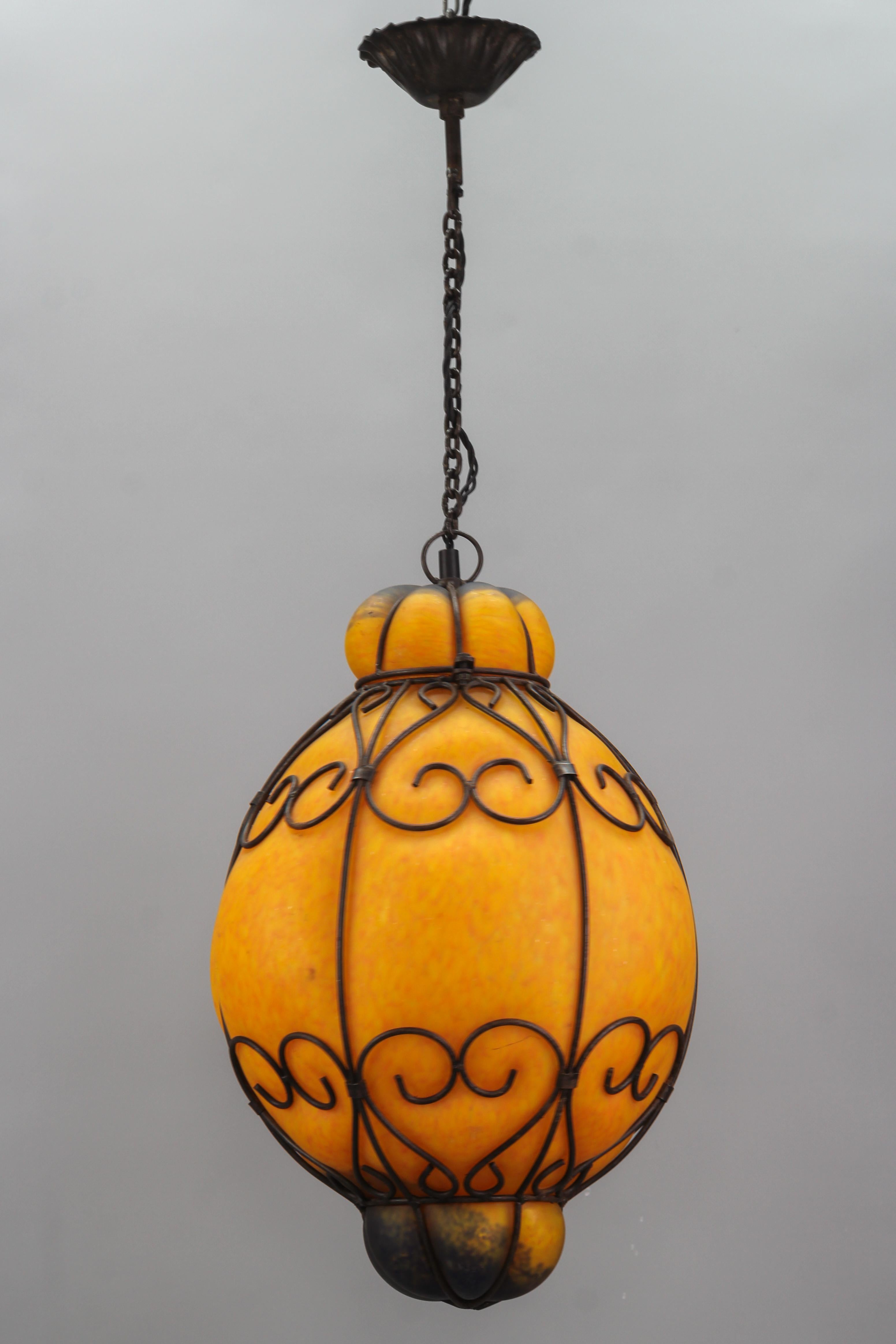 Mid-Century Modern Venetian Style Pâte de Verre Glass Metal Caged Lantern Pendant Light For Sale