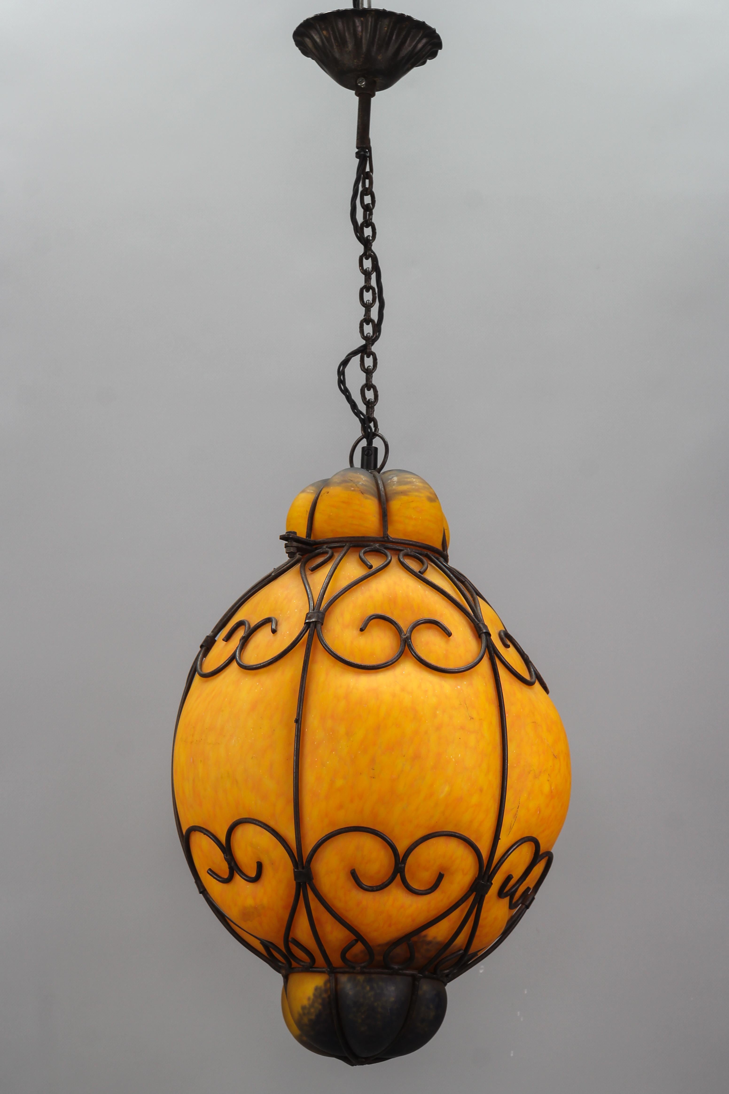 French Venetian Style Pâte de Verre Glass Metal Caged Lantern Pendant Light For Sale