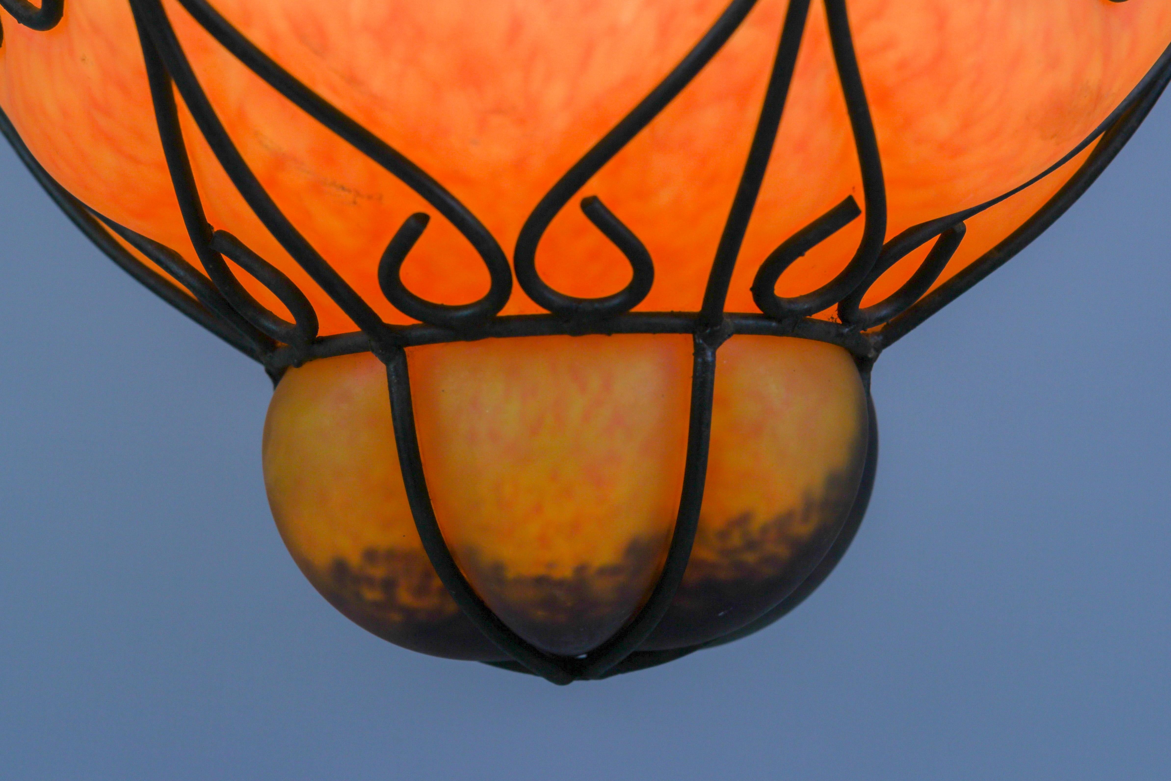 Venetian Style Pâte de Verre Glass Metal Caged Lantern Pendant Light For Sale 1