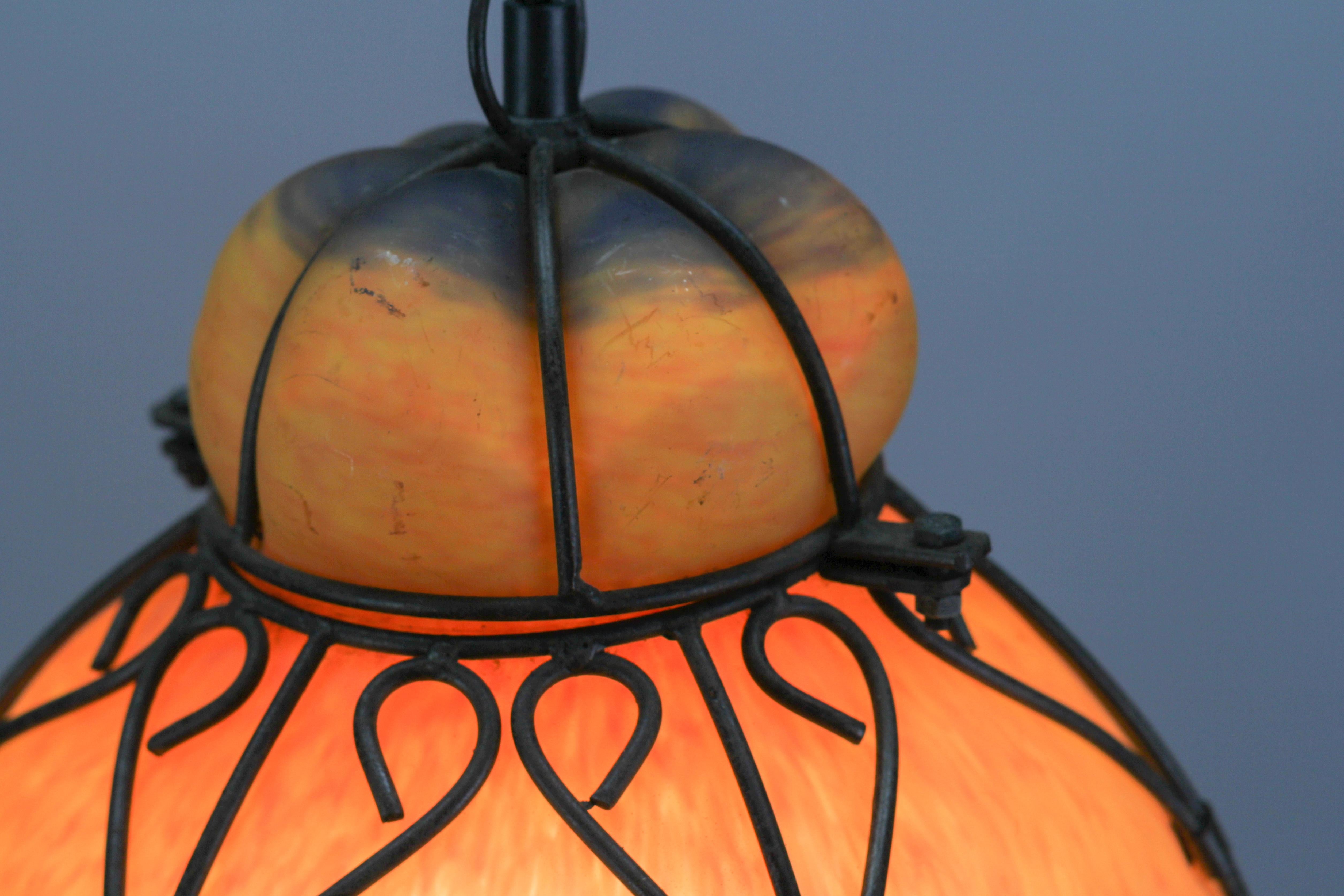 Venetian Style Pâte de Verre Glass Metal Caged Lantern Pendant Light For Sale 2