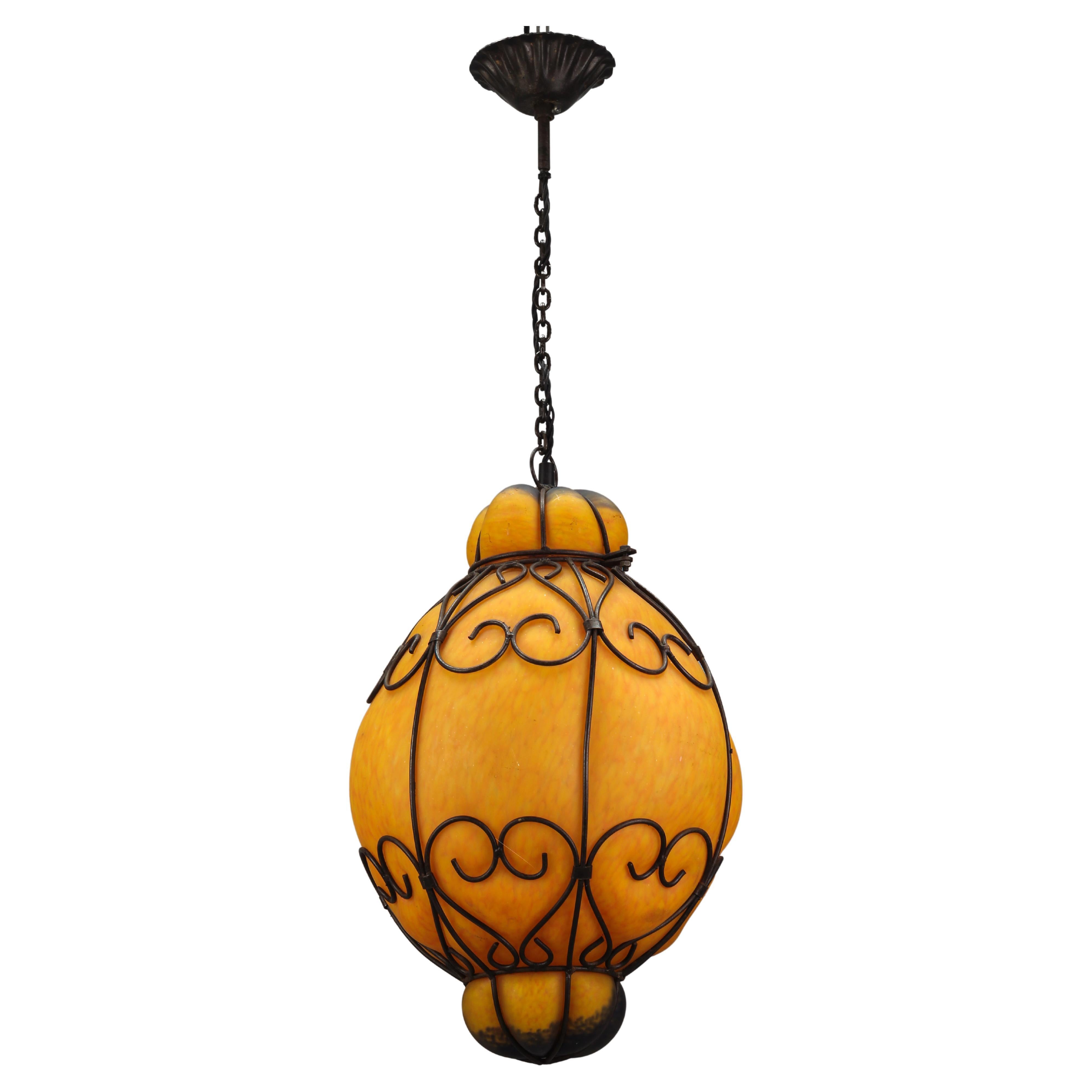 Venetian Style Pâte de Verre Glass Metal Caged Lantern Pendant Light For Sale