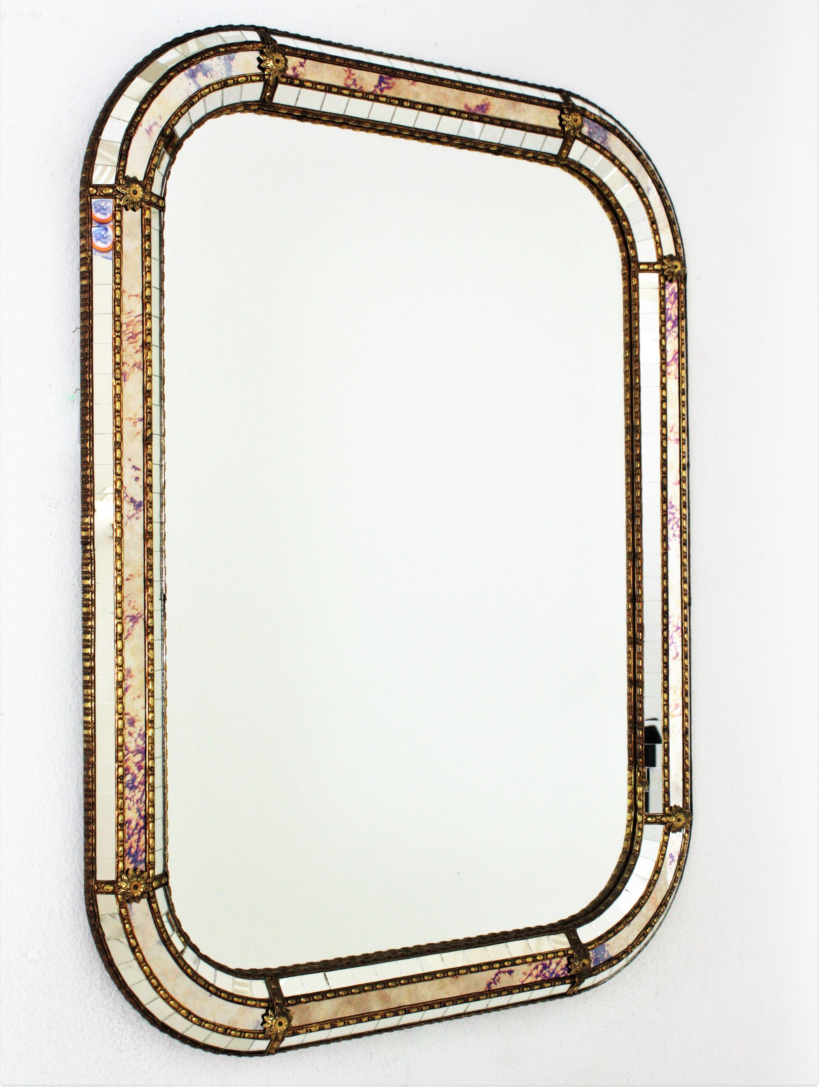 Mid-Century Modern Venetian Style Rectangular Mirror with Brass Details