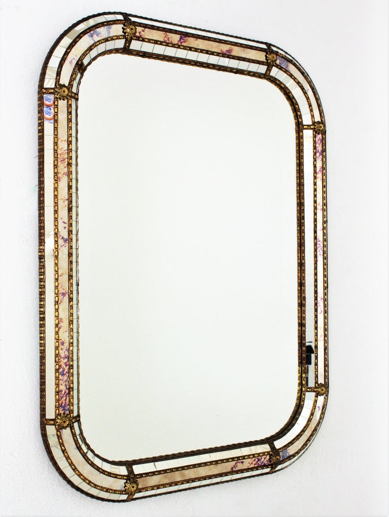 Venetian Style Rectangular Mirror with Brass Details For Sale at 1stDibs