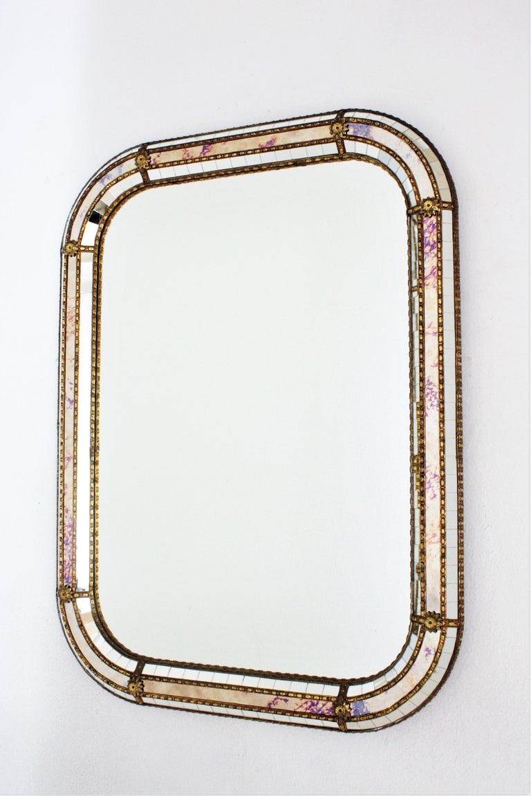 Style Rectangular Mirror with Brass Details For Sale at 1stDibs