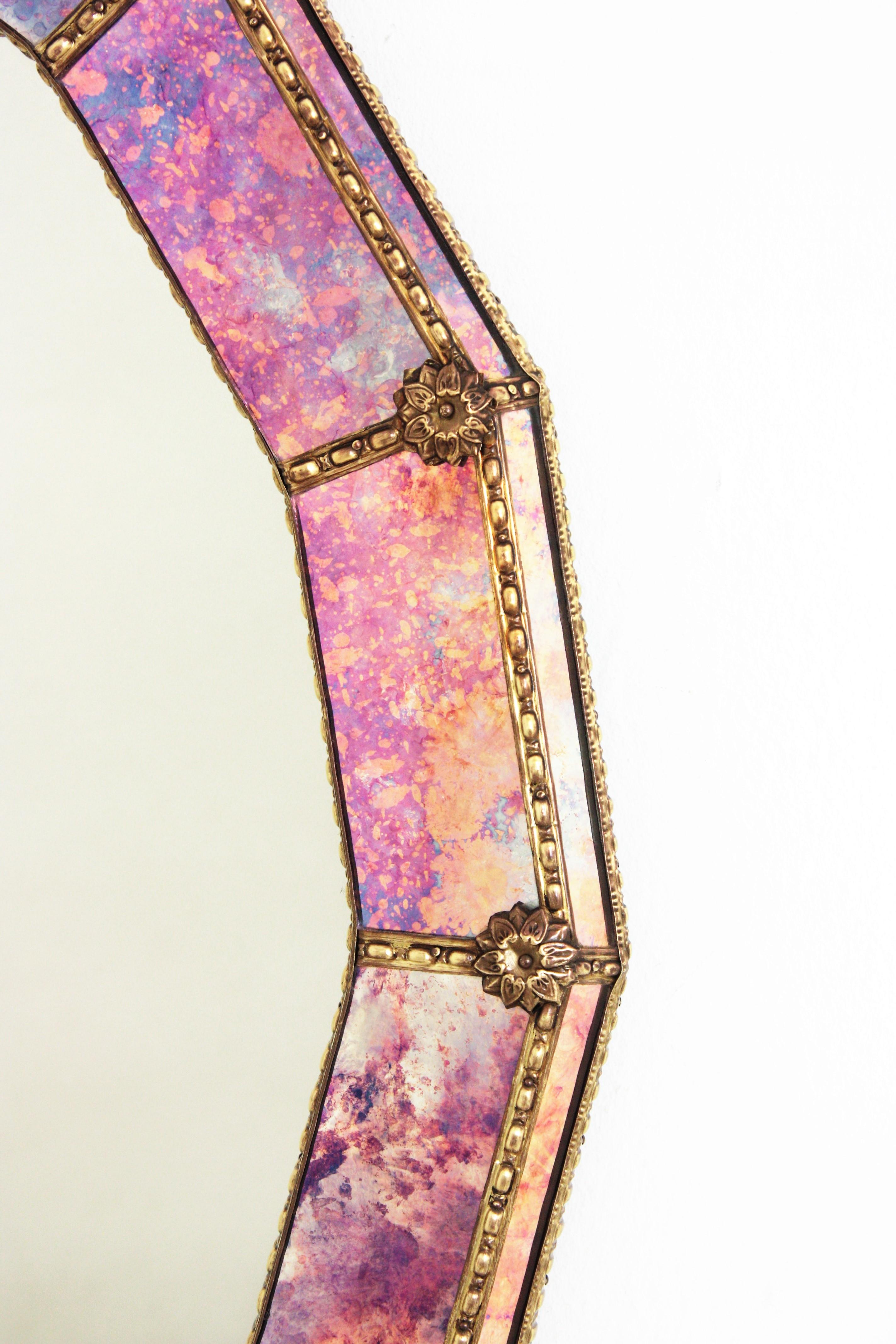 Metal Venetian Style Round Mirror with Pink Purple Glass and Brass Frame
