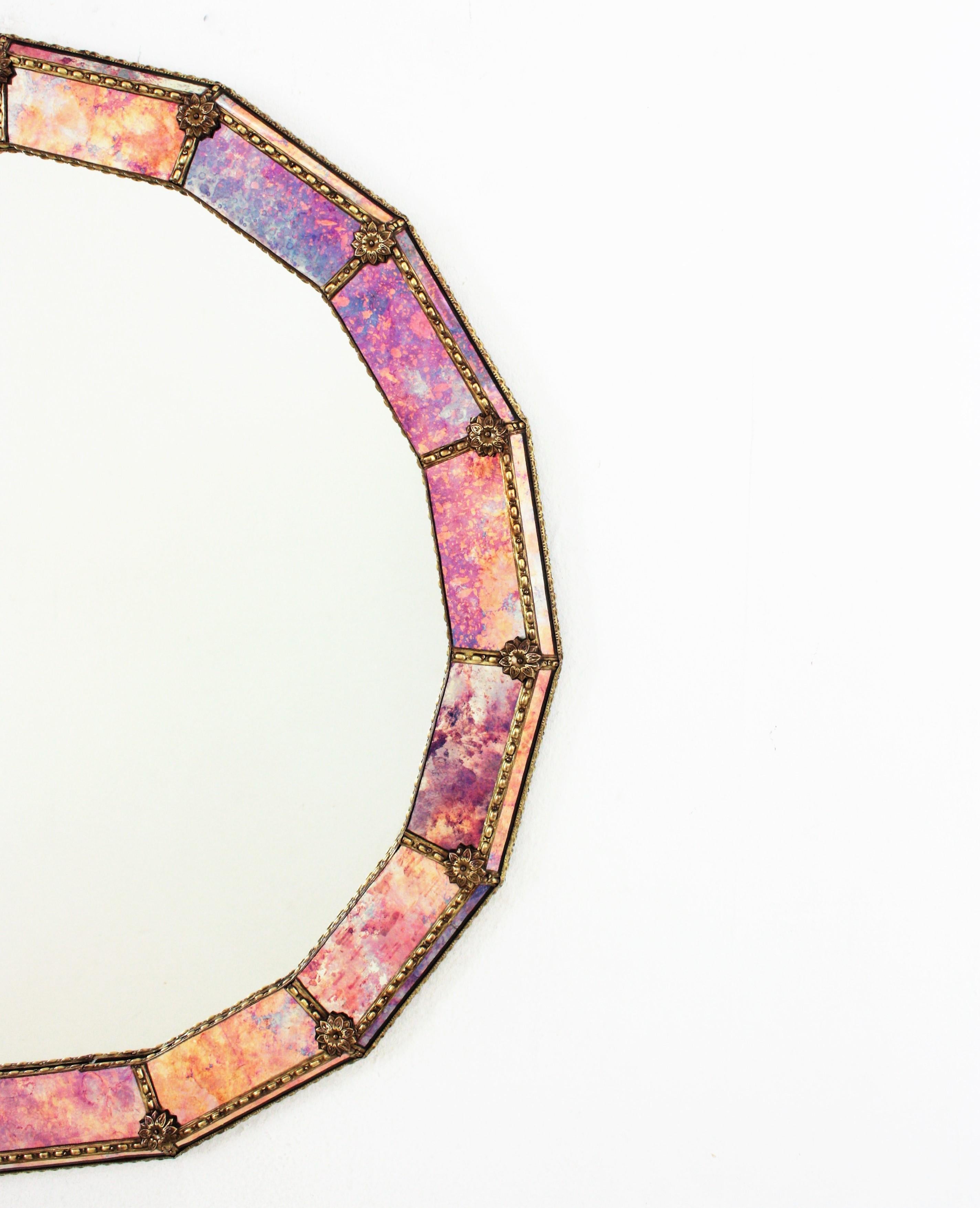 Venetian Style Round Mirror with Pink Purple Glass and Brass Frame For Sale 1