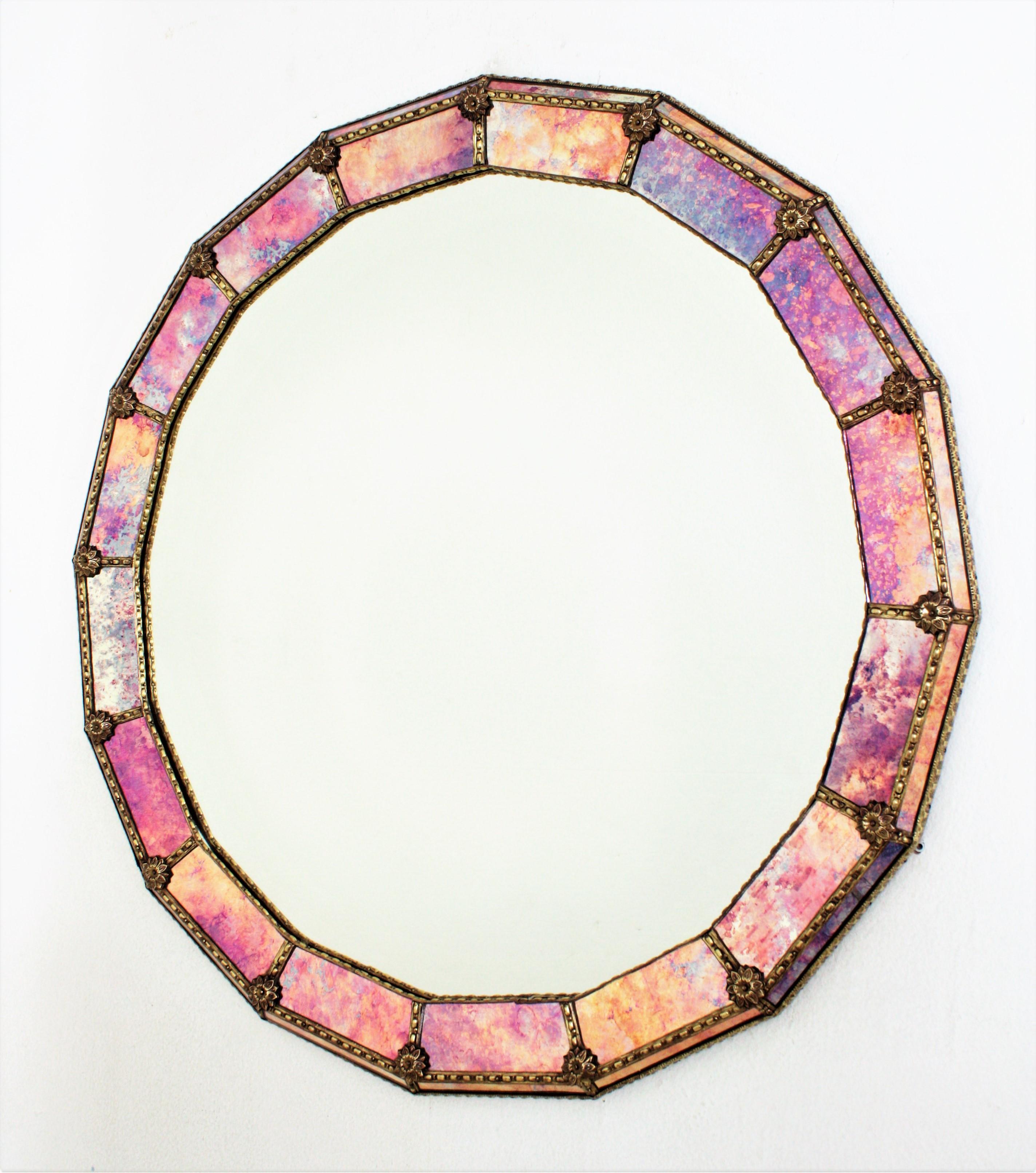 Venetian Style Round Mirror with Pink Purple Glass and Brass Frame For Sale 2