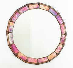 Venetian Style Round Mirror with Pink Purple Glass and Brass Frame