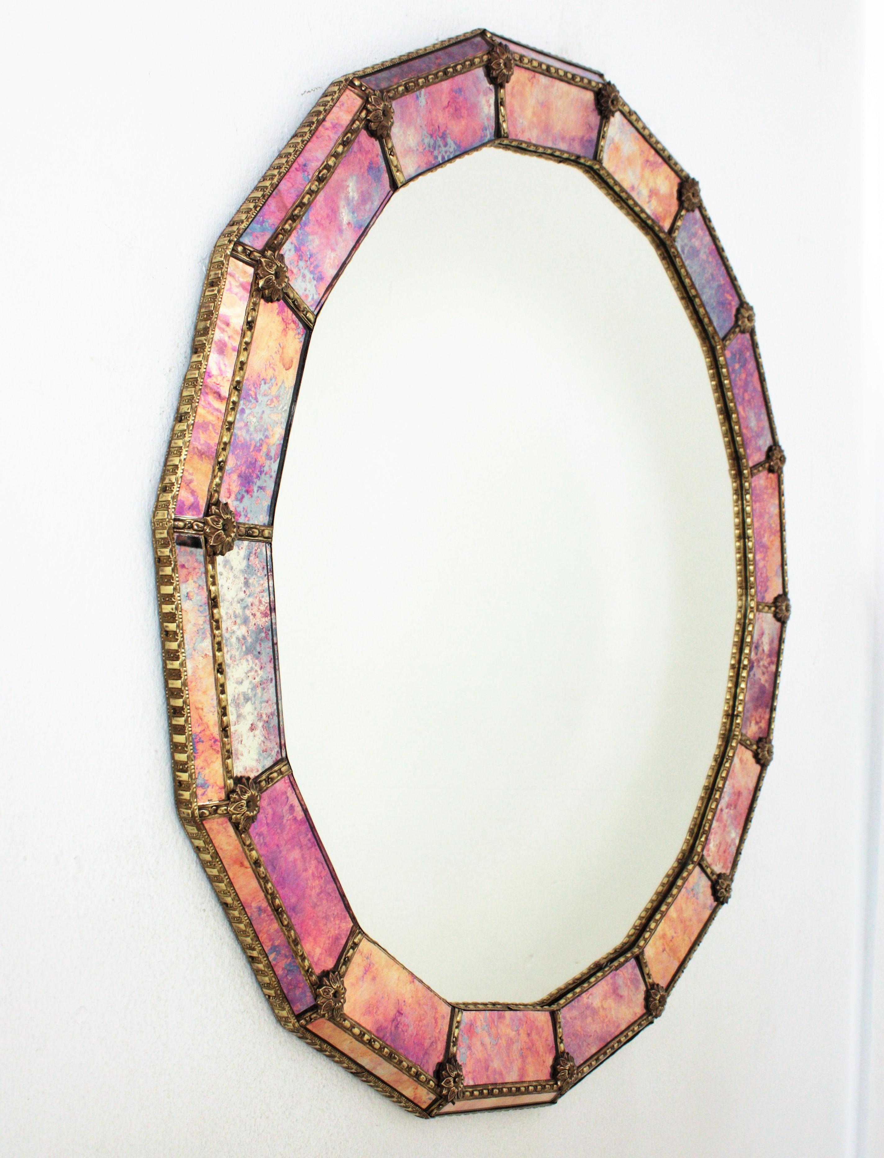 Hand-Crafted Venetian Style Round Mirror with Pink Purple Glass and Brass Frame For Sale
