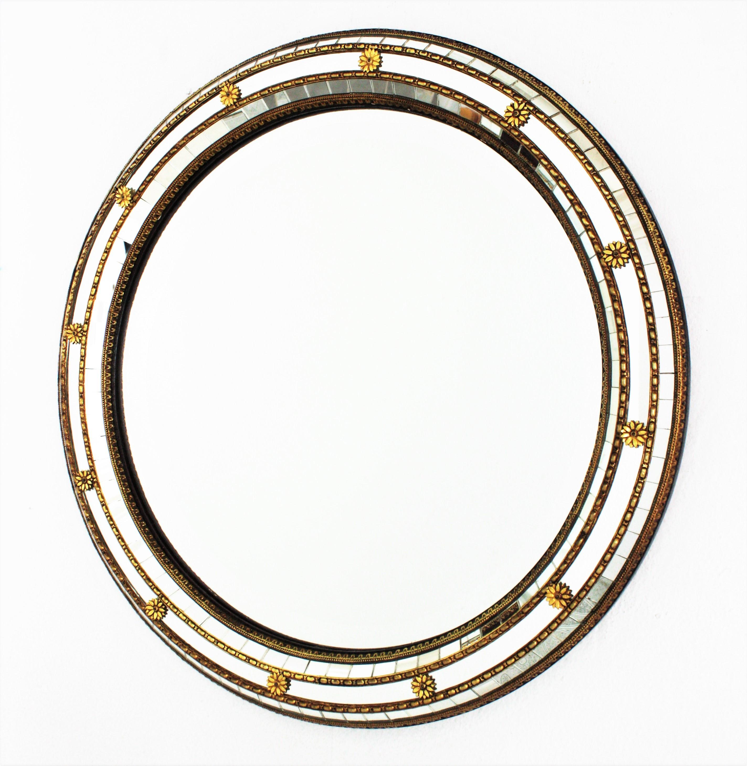 Metal Venetian Style Round Mirror with Brass Details For Sale