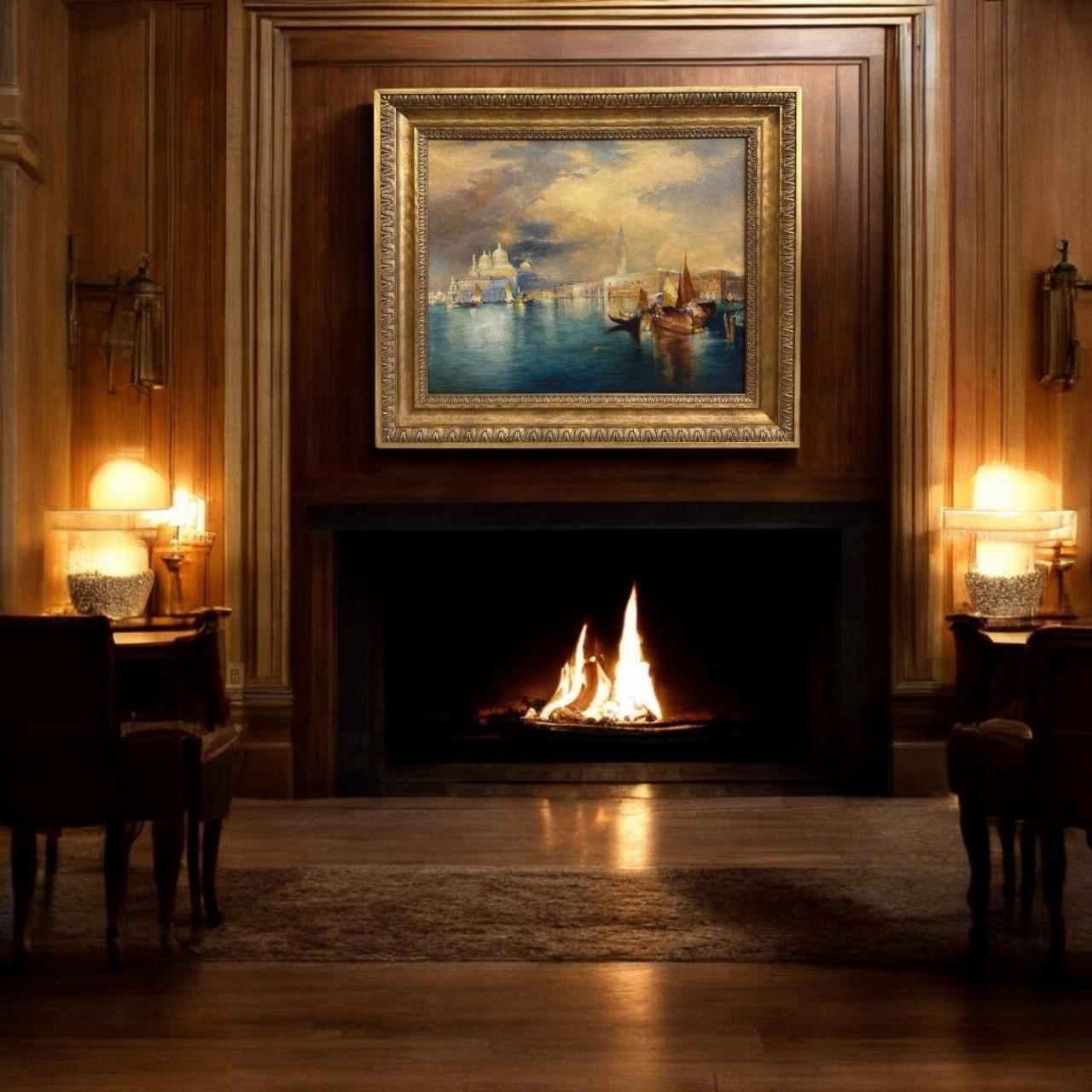 Impresionante óleo sobre lienzo del siglo XIX que representa un romántico puerto veneciano al atardecer, pintado según la tradición clásica del paisajismo europeo. Esta atmosférica composición capta la belleza intemporal de Venecia, con góndolas y