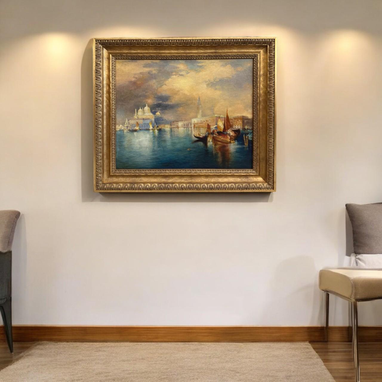 Atardecer veneciano - Pintura al óleo en marco de madera dorada tallada, Siglo XIX Napoleón III en venta