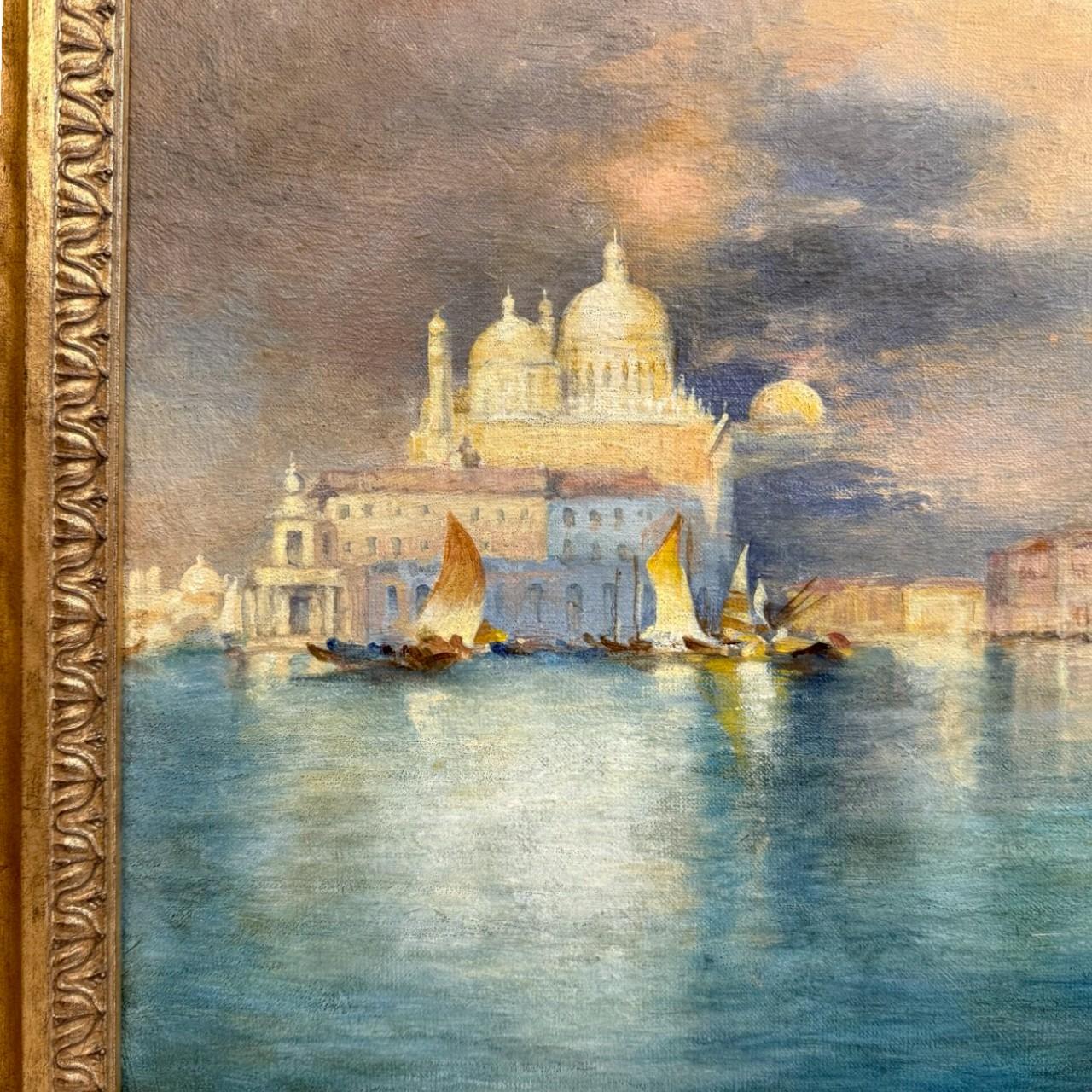 Atardecer veneciano - Pintura al óleo en marco de madera dorada tallada, Siglo XIX Aceitado en venta