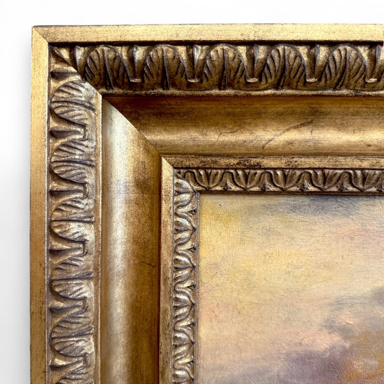 Atardecer veneciano - Pintura al óleo en marco de madera dorada tallada, Siglo XIX en Bueno estado para la venta en NICE, FR