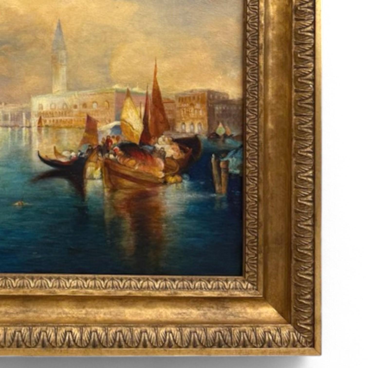 Atardecer veneciano - Pintura al óleo en marco de madera dorada tallada, Siglo XIX siglo XIX en venta