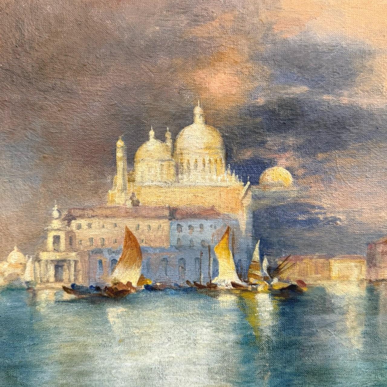Atardecer veneciano - Pintura al óleo en marco de madera dorada tallada, Siglo XIX Lienzo en venta