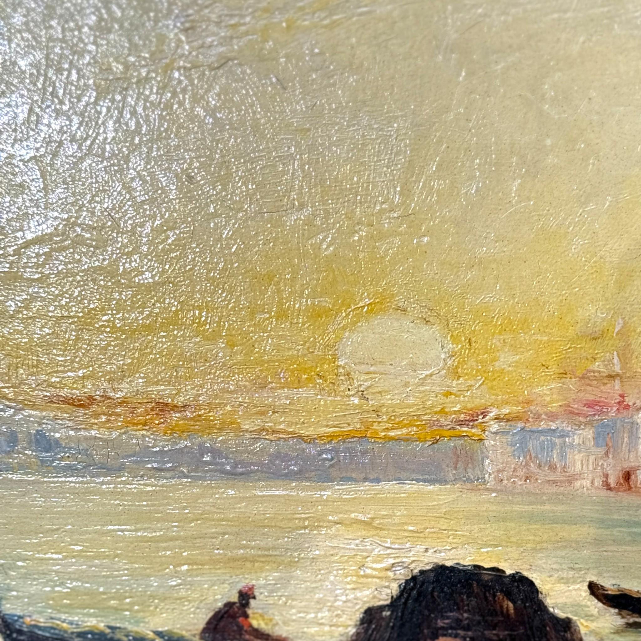 Scène de coucher de soleil vénitien, peinture à l'huile sur panneau de bois, 19e siècle en vente 2