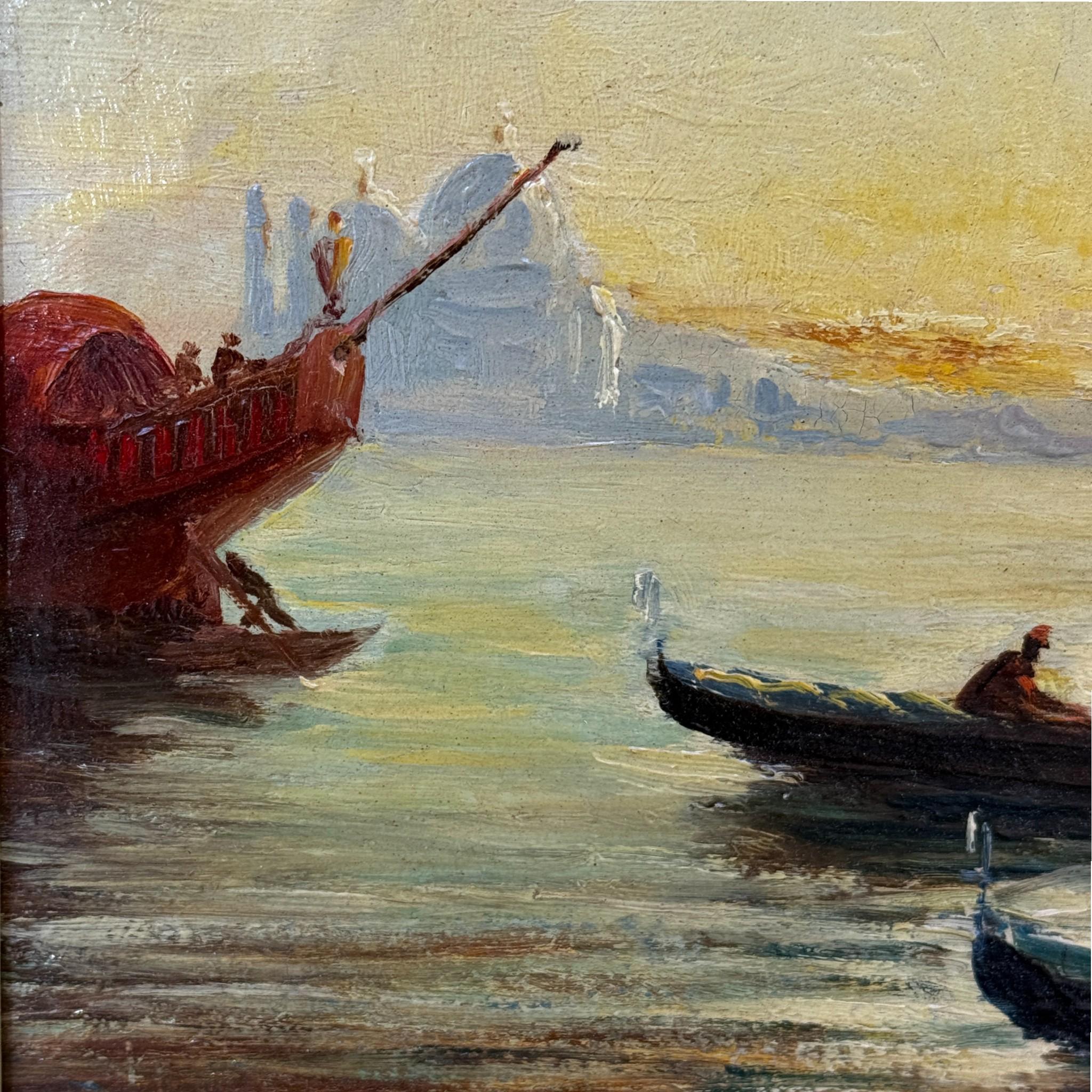 Scène de coucher de soleil vénitien, peinture à l'huile sur panneau de bois, 19e siècle en vente 3