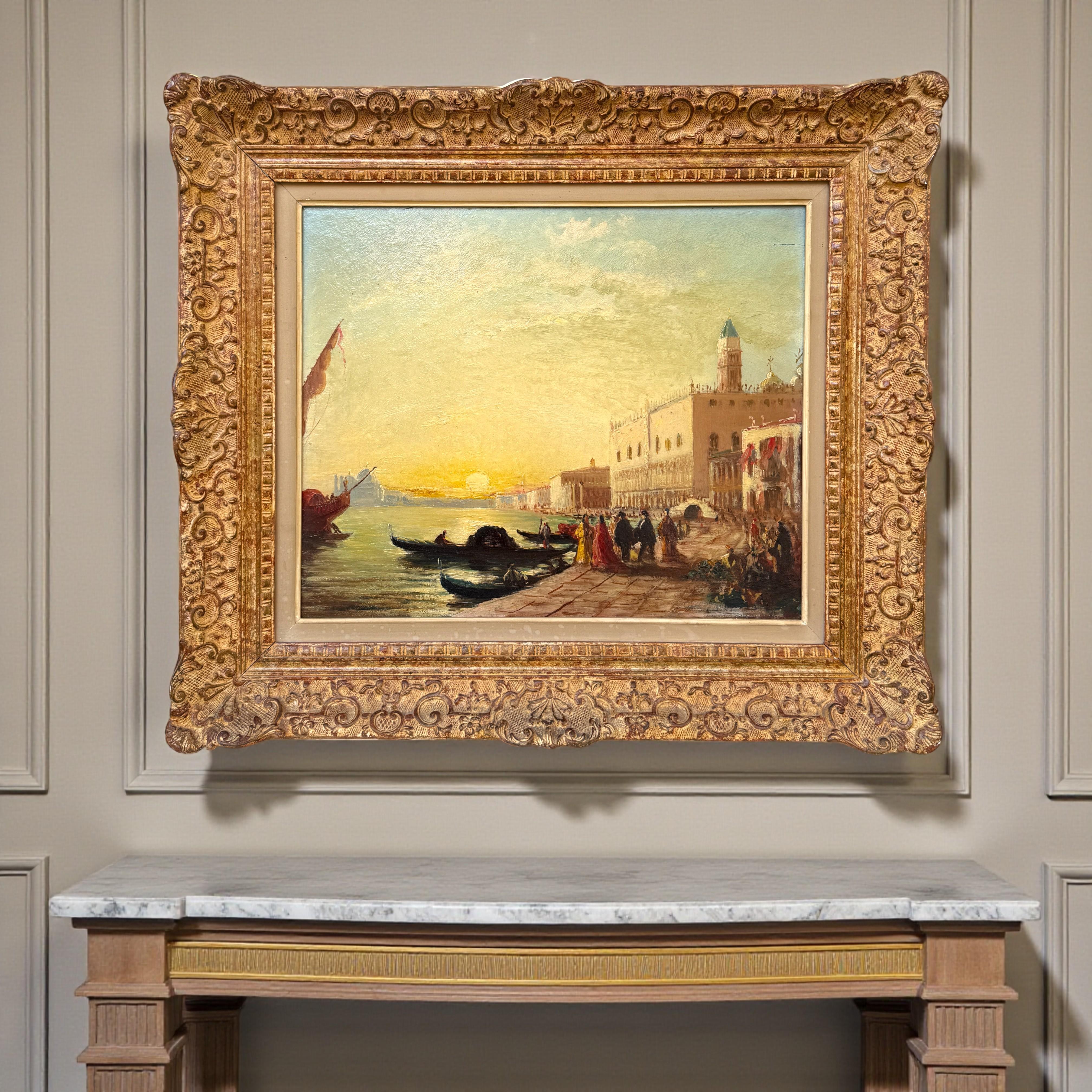 Scène de coucher de soleil vénitien, peinture à l'huile sur panneau de bois, 19e siècle en vente 6