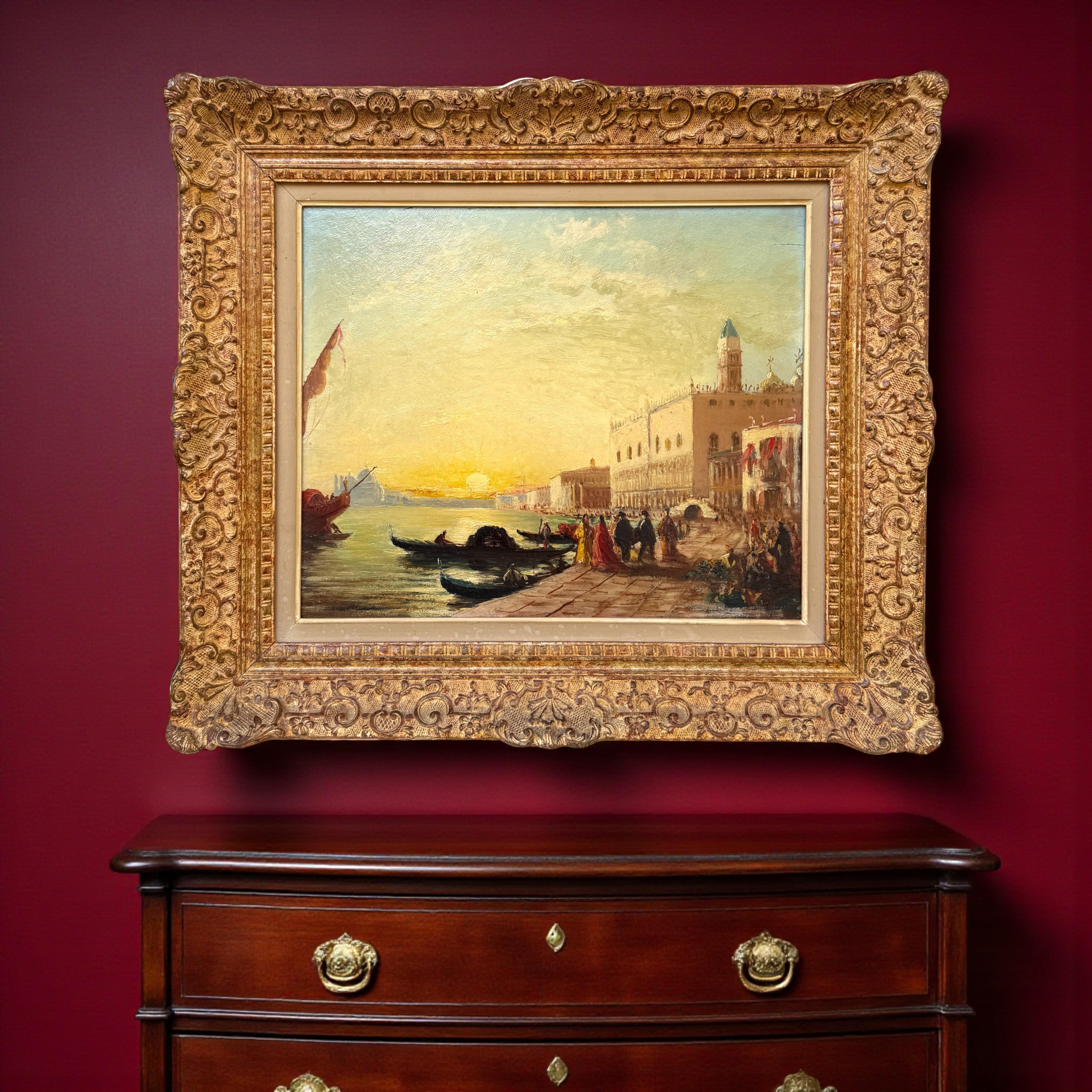 Napoléon III Scène de coucher de soleil vénitien, peinture à l'huile sur panneau de bois, 19e siècle en vente