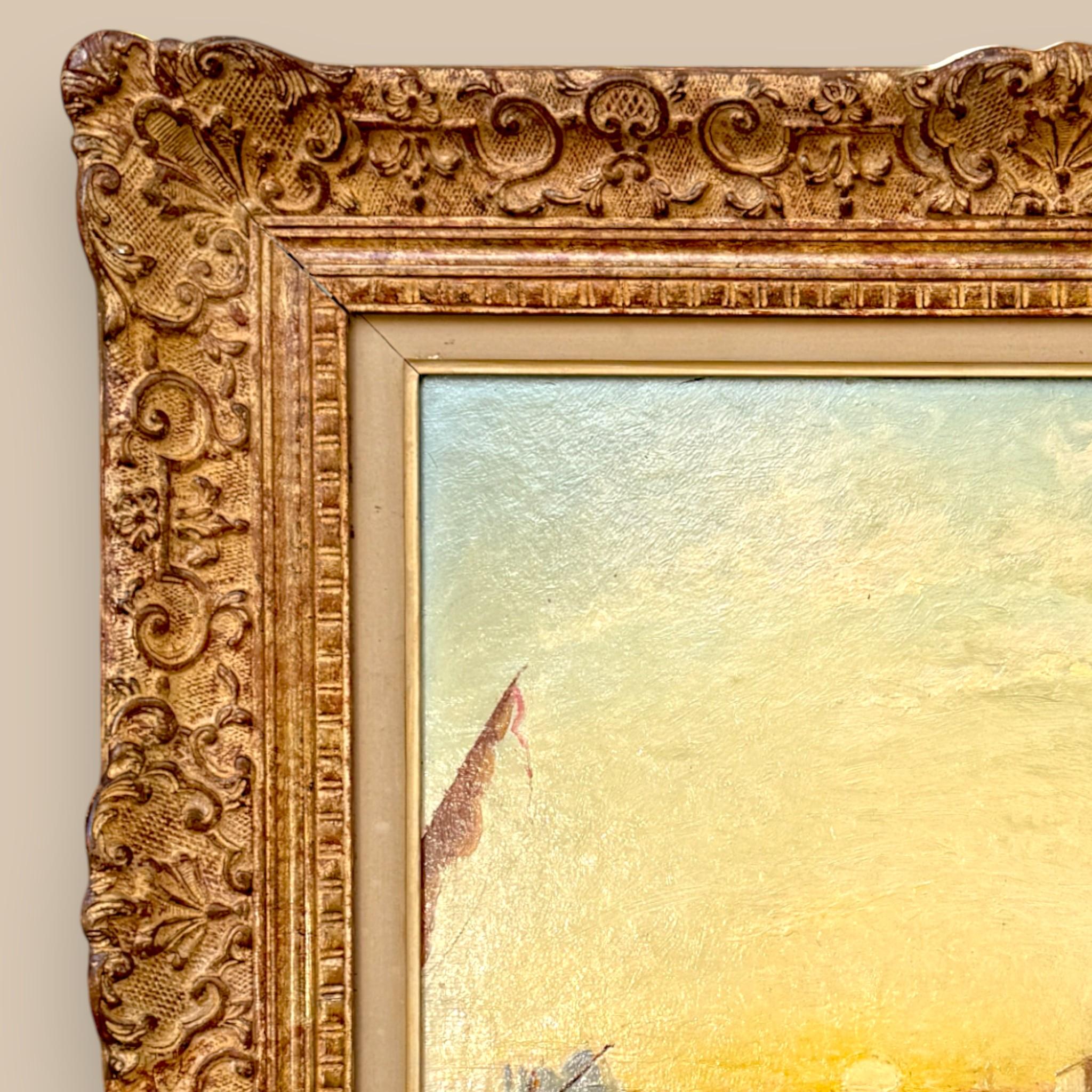 italien Scène de coucher de soleil vénitien, peinture à l'huile sur panneau de bois, 19e siècle en vente