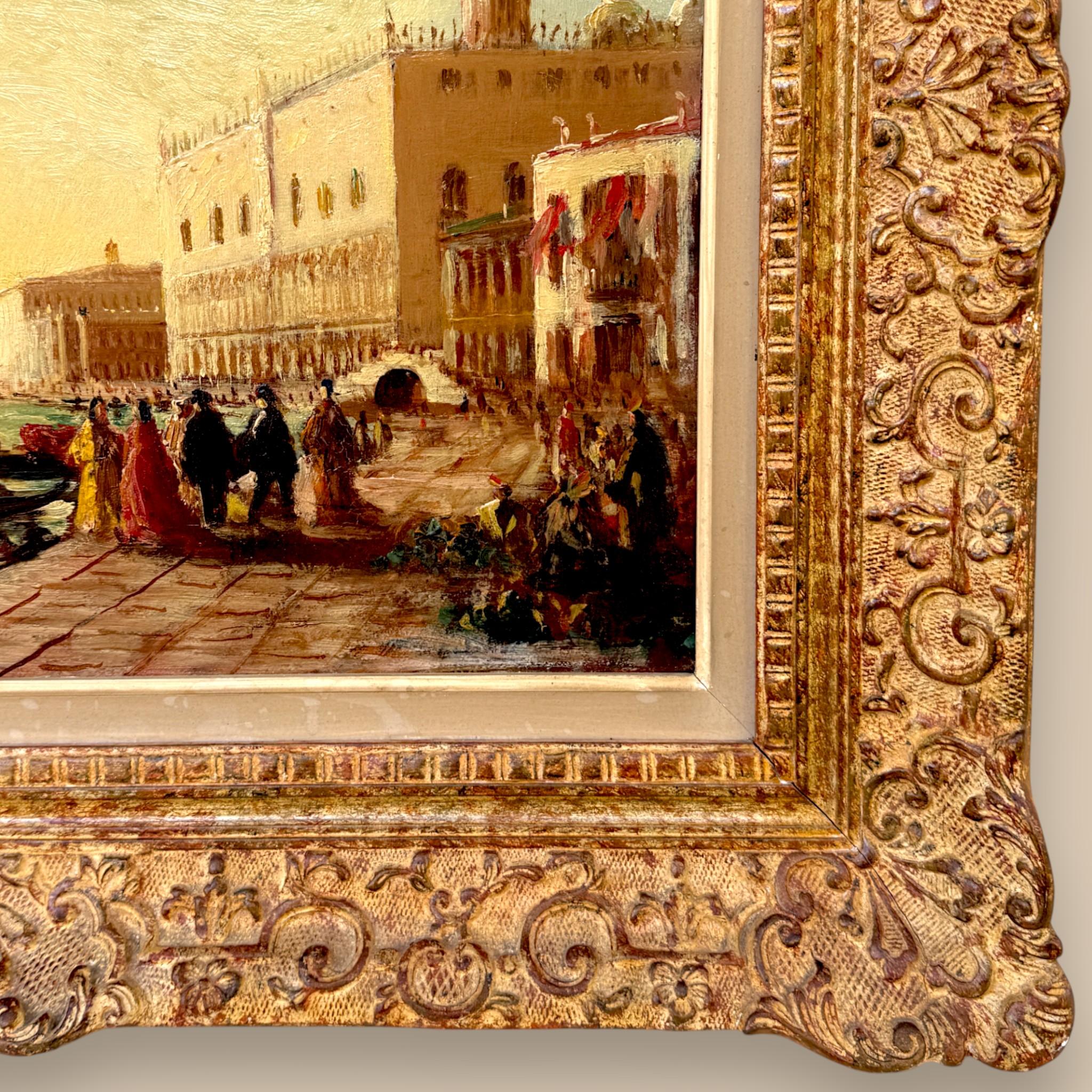 Huilé Scène de coucher de soleil vénitien, peinture à l'huile sur panneau de bois, 19e siècle en vente