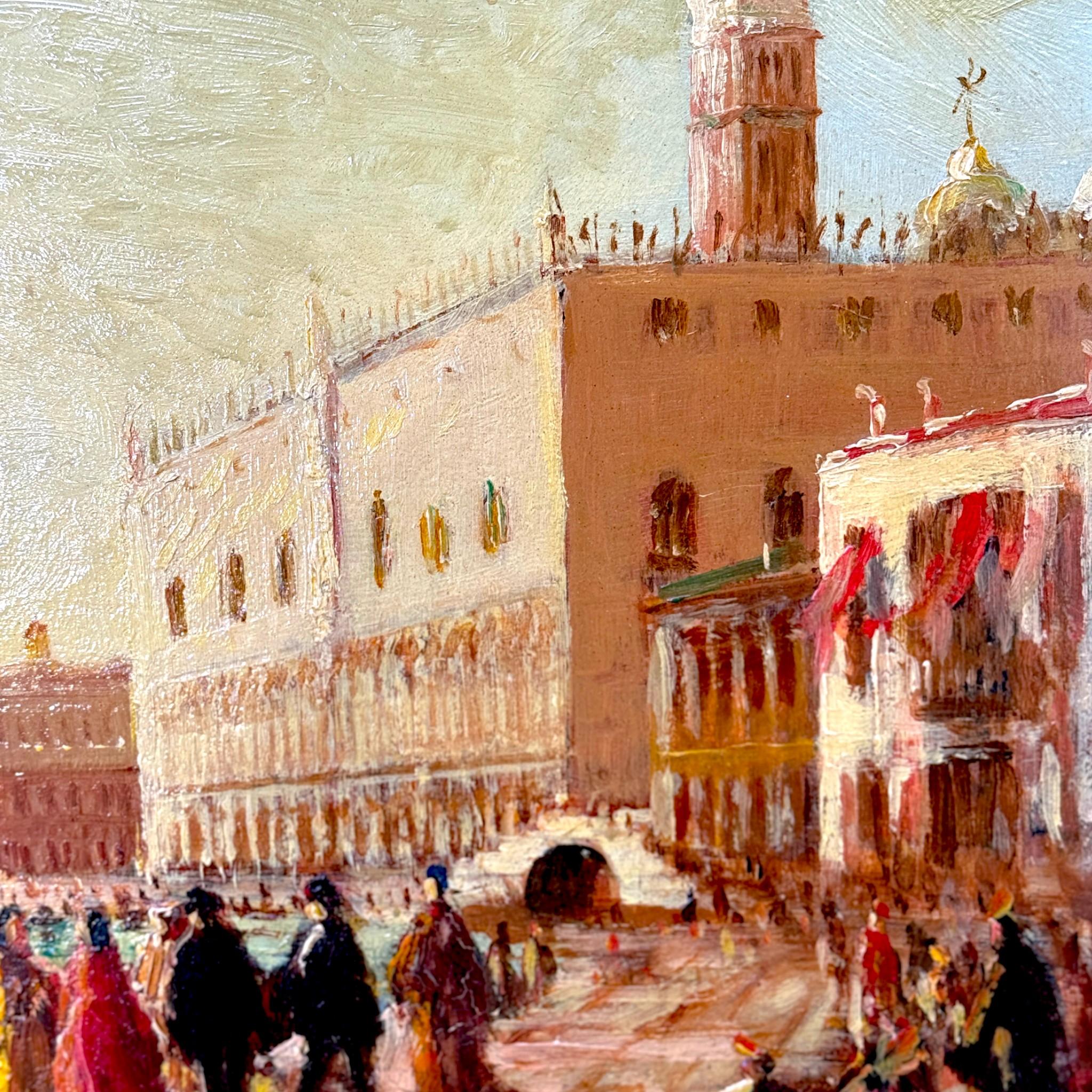 XIXe siècle Scène de coucher de soleil vénitien, peinture à l'huile sur panneau de bois, 19e siècle en vente