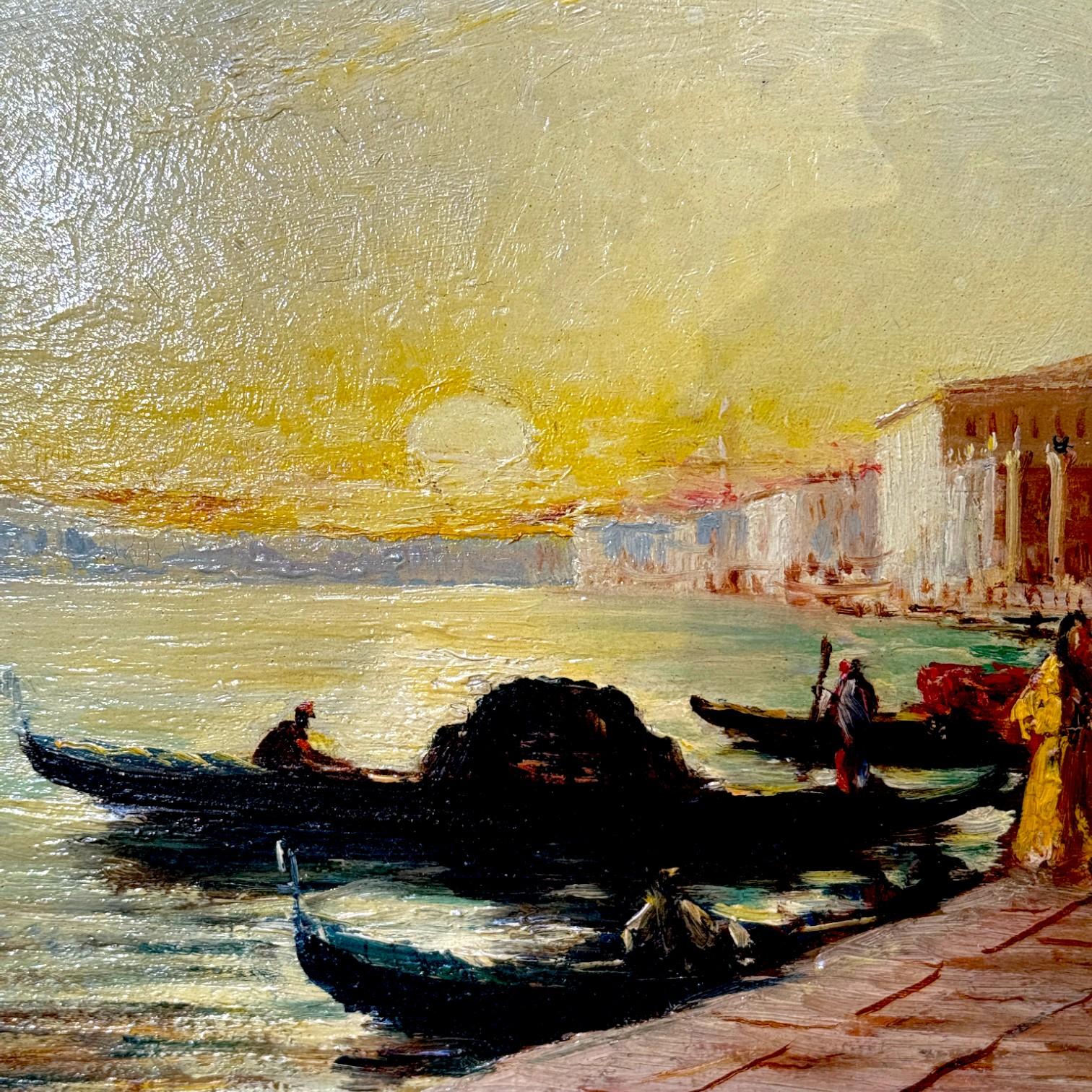 Bois Scène de coucher de soleil vénitien, peinture à l'huile sur panneau de bois, 19e siècle en vente