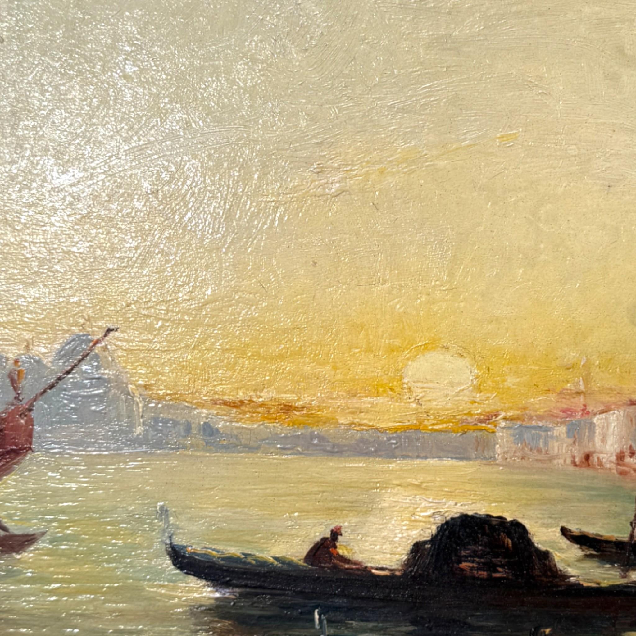Scène de coucher de soleil vénitien, peinture à l'huile sur panneau de bois, 19e siècle en vente 1