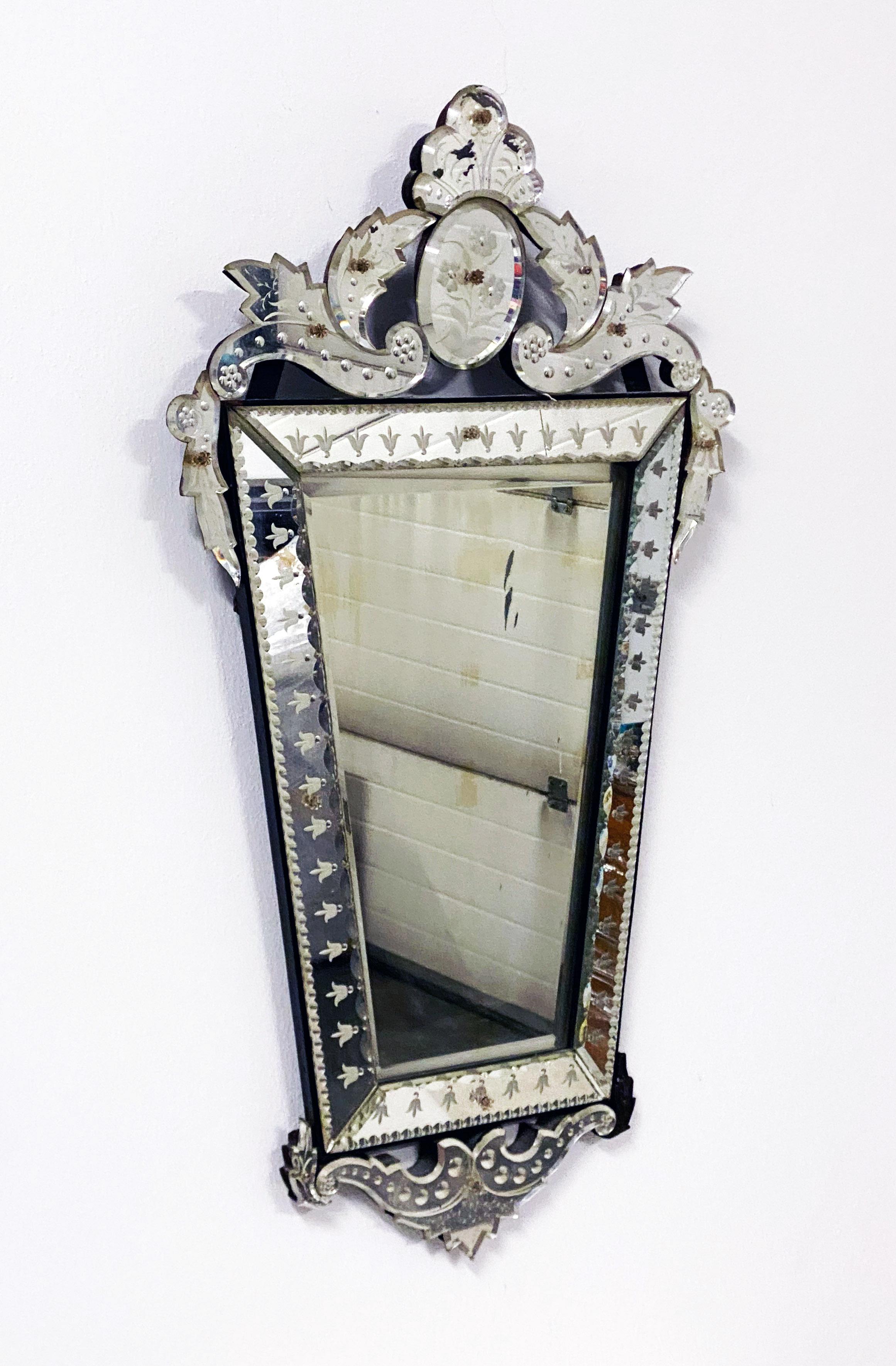 Venetian Tapered Mirror with Decorative Floral Headpiece  For Sale 8