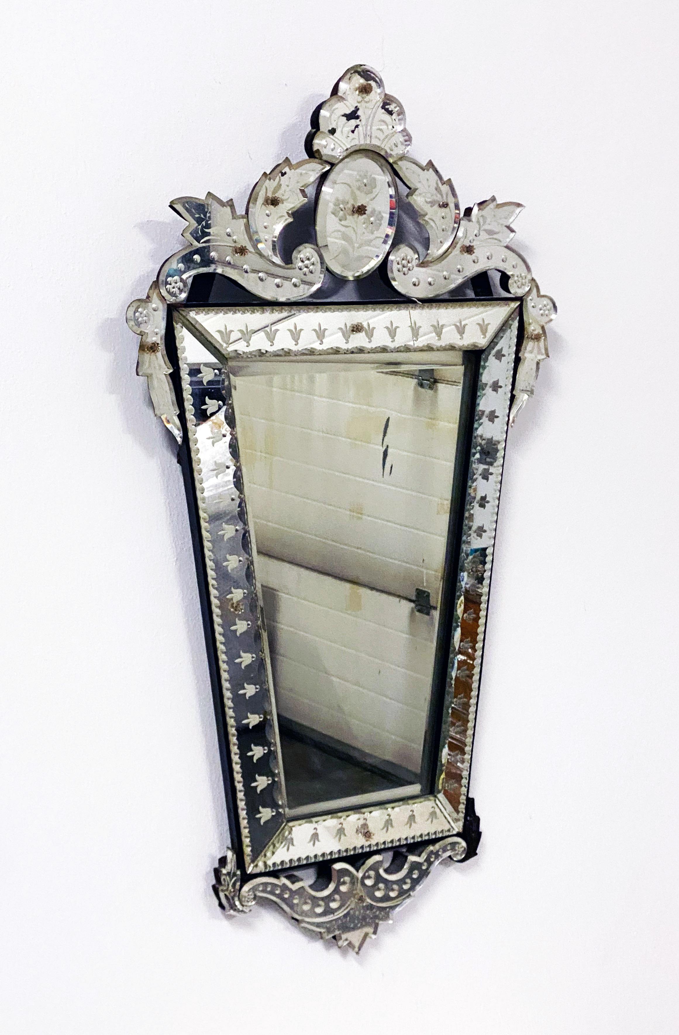 Venetian Tapered Mirror with Decorative Floral Headpiece For Sale 7