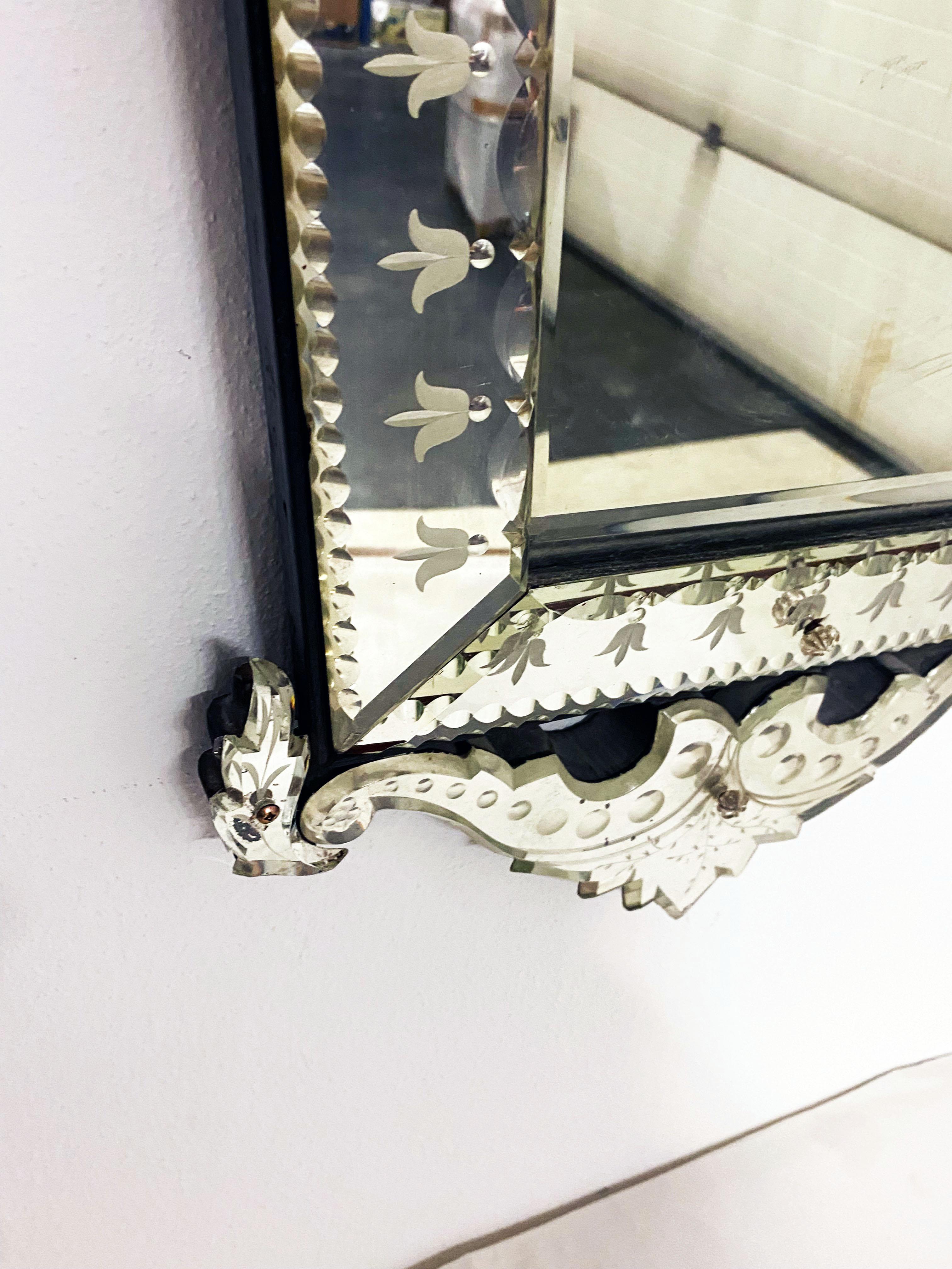 Italian Venetian Tapered Mirror with Decorative Floral Headpiece For Sale