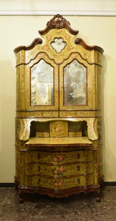 Venetian Trumeau Green Lacquered Hand Decorated Secretary with Writing Desk 1976
