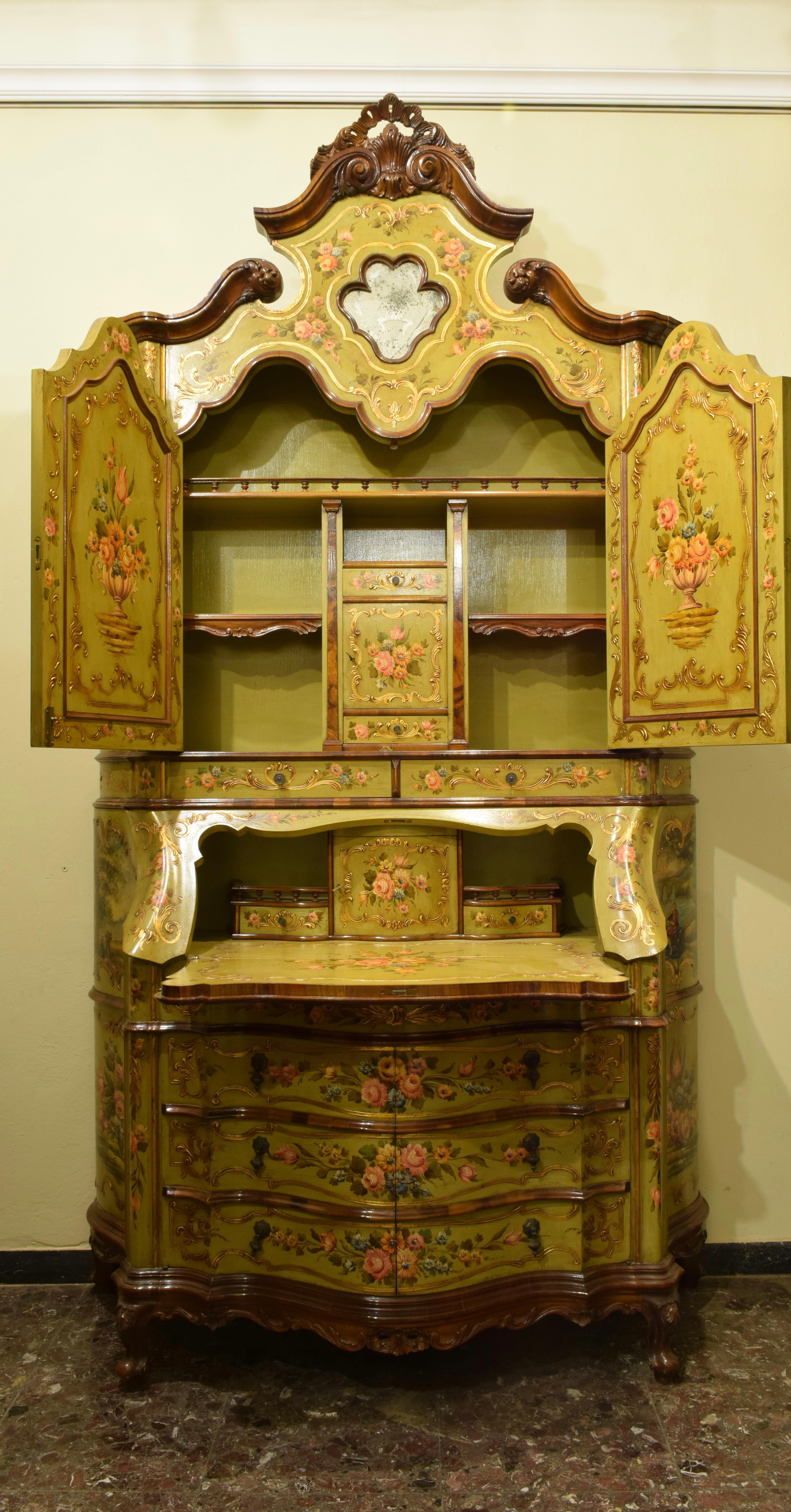 Louis XV Venetian Trumeau Green Lacquered Hand Decorated Secretary with Writing Desk 1976 For Sale